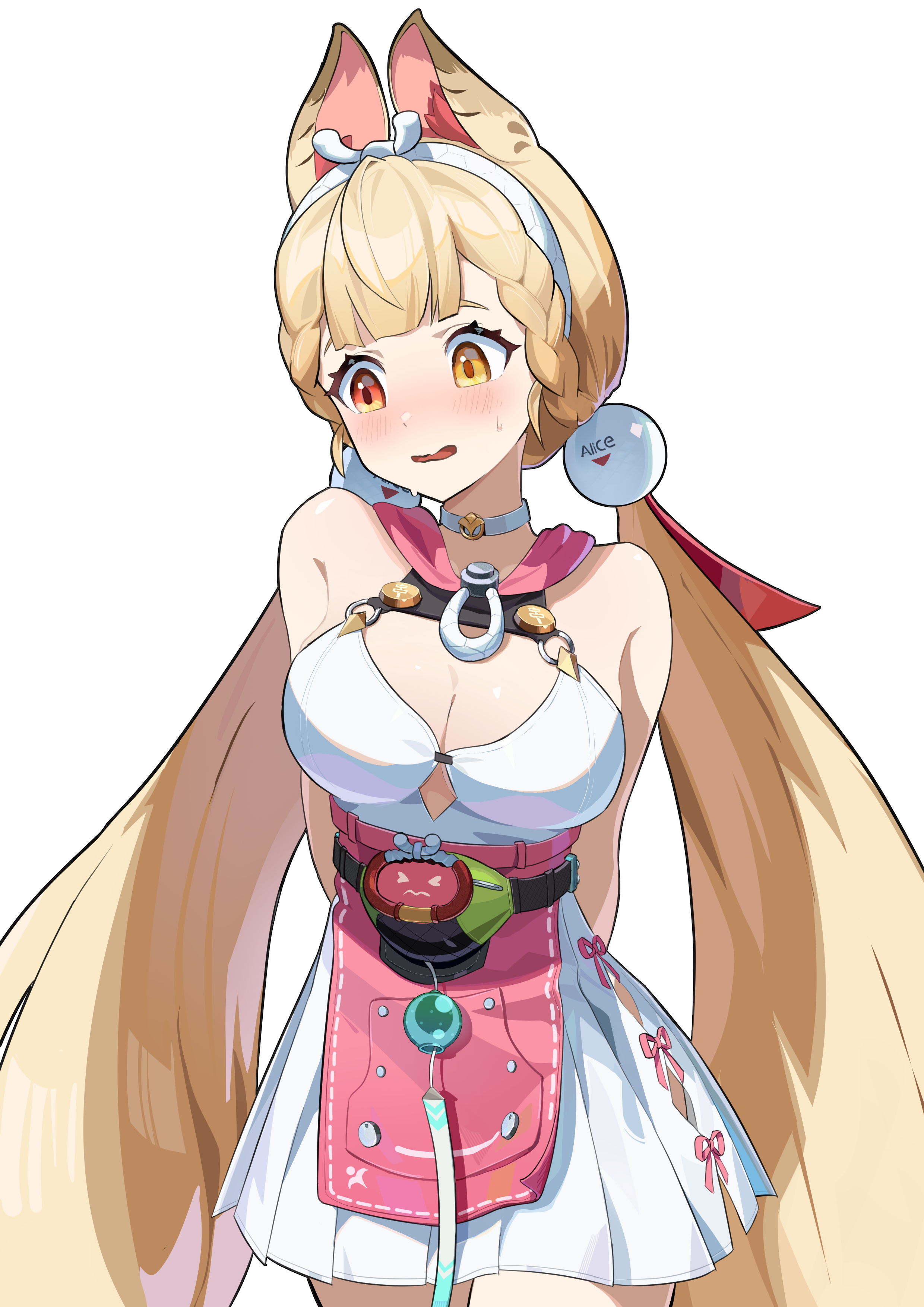 alice thymefield, alice thymefield (sea of thyme), zenless zone zero, absurdres, highres, 1girl, animal ears, bikini top under shirt, blonde hair, blush, braid, breasts, cleavage, dress swimsuit, heart, heart-shaped eyewear, heterochromia, long hair, looking at viewer, low twintails, official alternate costume, one-piece swimsuit, pink one-piece swimsuit, rabbit ears, rabbit girl, red eyes, sphere hair ornament, swimsuit, twintails, two-tone one-piece swimsuit, user pnum2583, yellow eyes