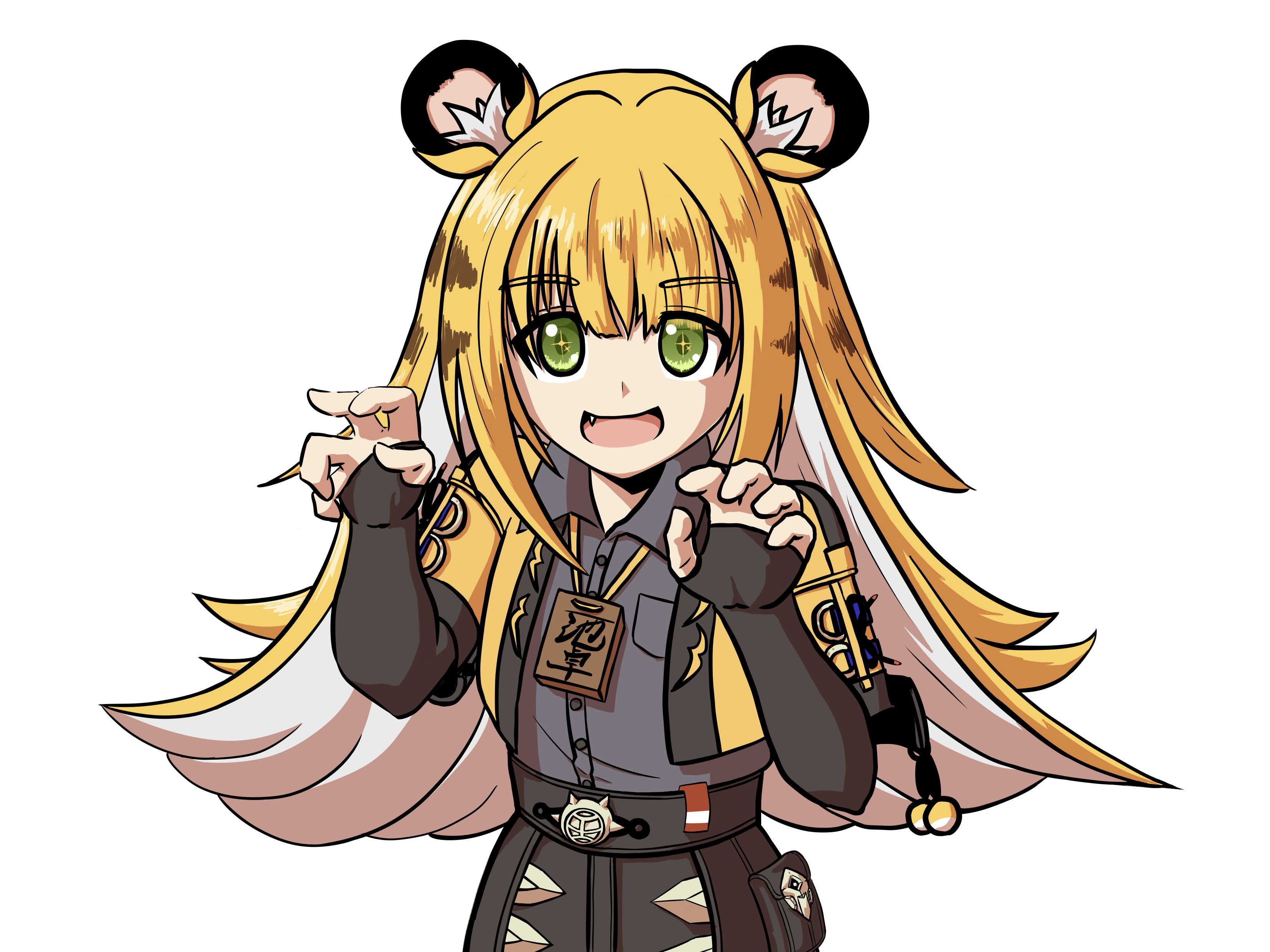 ju fufu, zenless zone zero, absurdres, highres, 1girl, animal ear fluff, animal ears, blonde hair, colored inner hair, fingerless gloves, gloves, green eyes, igemodo-07, jacket, long hair, looking at viewer, multicolored hair, open mouth, shirt, smile, solo, tail, tiger ears, tiger girl, tiger tail, white hair