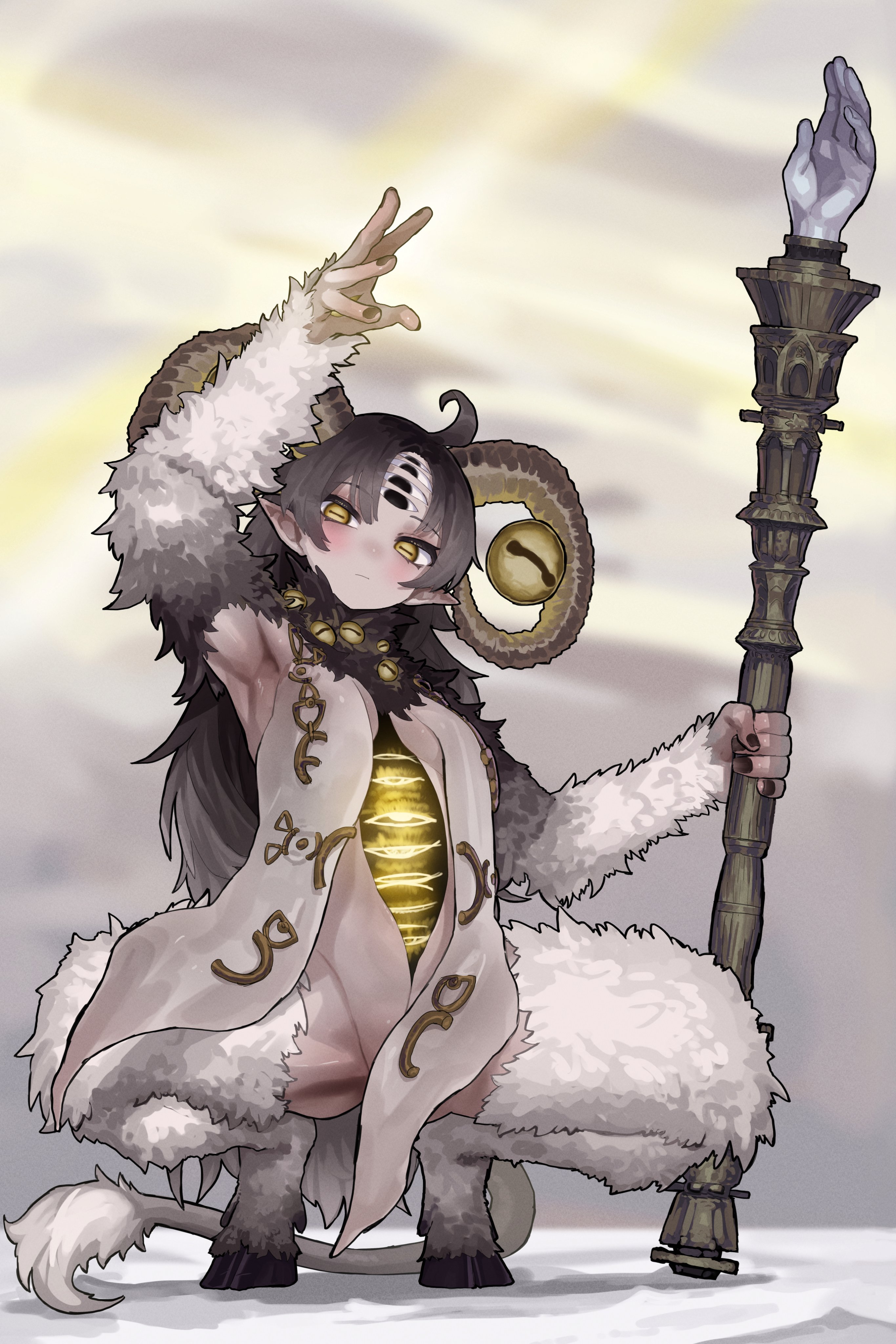 ekrea jan, libra (elden ring), elden ring, elden ring nightreign, absurdres, highres, 1girl, ahoge, arm up, armpits, breasts, brown hair, extra eyes, genderswap, genderswap (mtf), holding, holding weapon, hooves, horizontal pupils, horns, looking at viewer, medium breasts, monster girl, personification, pointy ears, squatting, staff, tail, weapon, yellow eyes