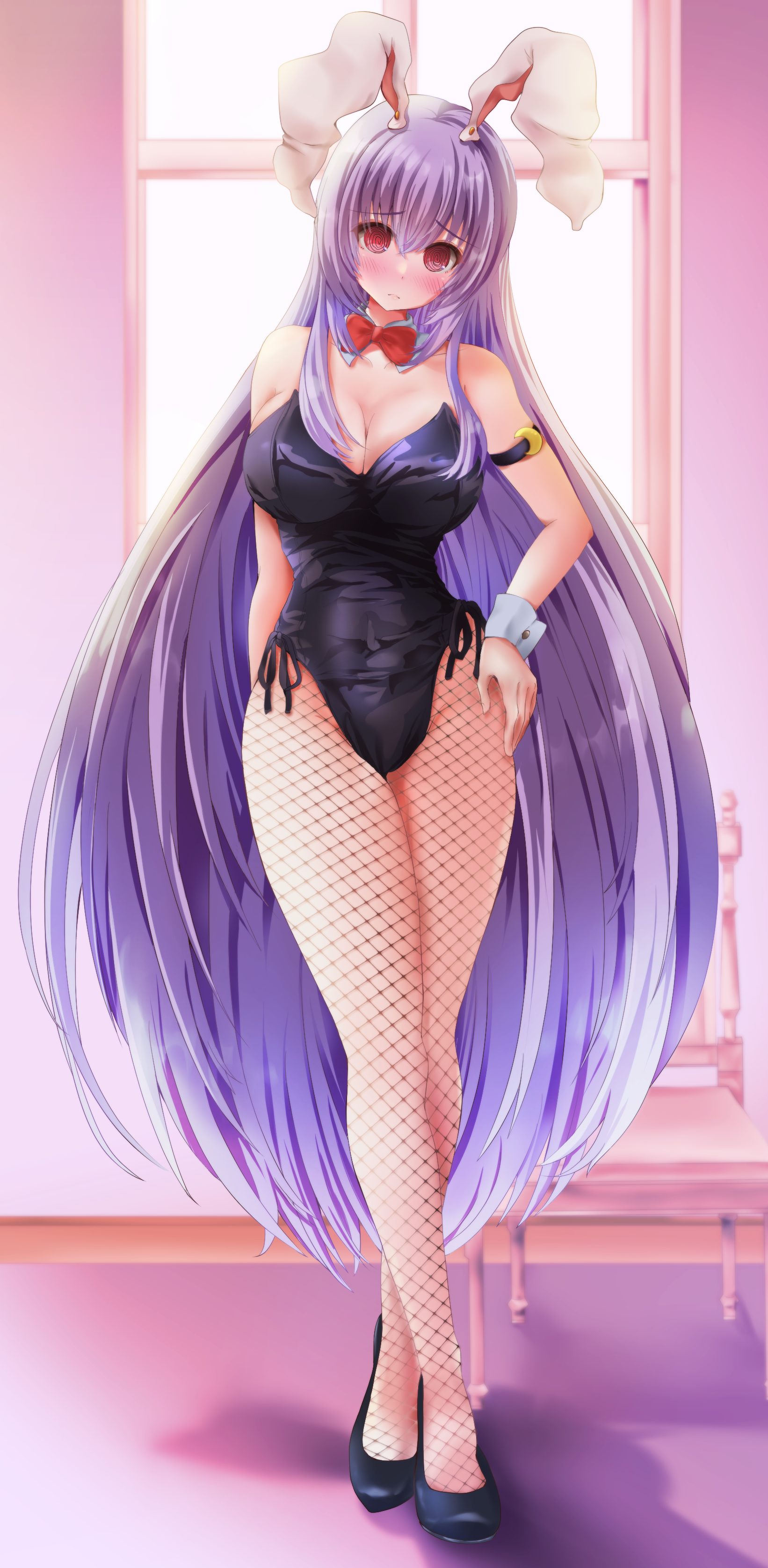 guchadoro, reisen udongein inaba, touhou, absurdres, commentary request, highres, partial commentary, 1girl, @ @, alternate costume, animal ears, armband, black armband, black leotard, black shoes, blush, bow, bowtie, breasts, chair, cleavage, closed mouth, collar, crescent ornament, crossed bangs, fishnet leggings, hair between eyes, head tilt, indoors, large breasts, leotard, light frown, long hair, playboy bunny, purple hair, rabbit ears, rabbit girl, raised inner eyebrows, red bow, red bowtie, red eyes, shoes, sidelocks, solo, stepping, strapless, strapless leotard, very long hair, white collar, white wrist cuffs, window, wrist cuffs