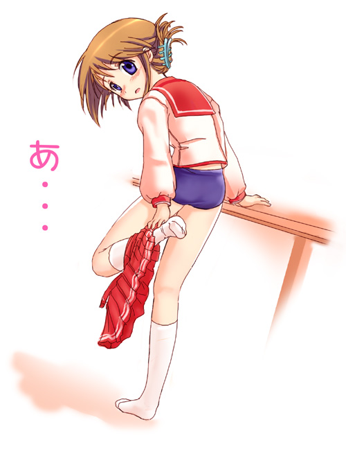 komaki manaka, to heart (series), to heart 2, 00s, 1girl, buruma, female focus, folded ponytail, gym uniform, kneehighs, socks, solo, undressing