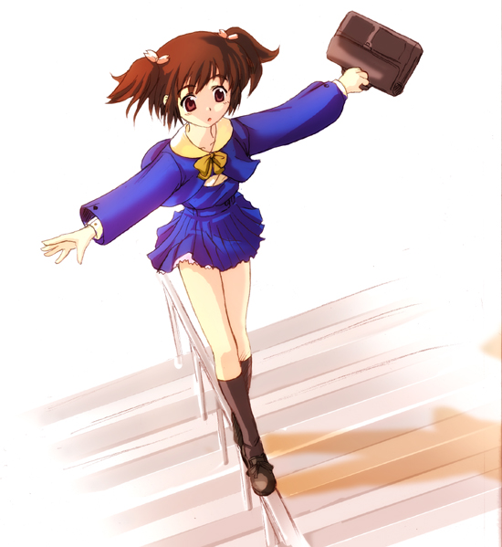 yuzuhara konomi, to heart (series), to heart 2, 00s, 1girl, bag, balancing, brown hair, female focus, outstretched arms, pleated skirt, red eyes, satchel, school uniform, serafuku, short twintails, skirt, solo, spread arms, twintails