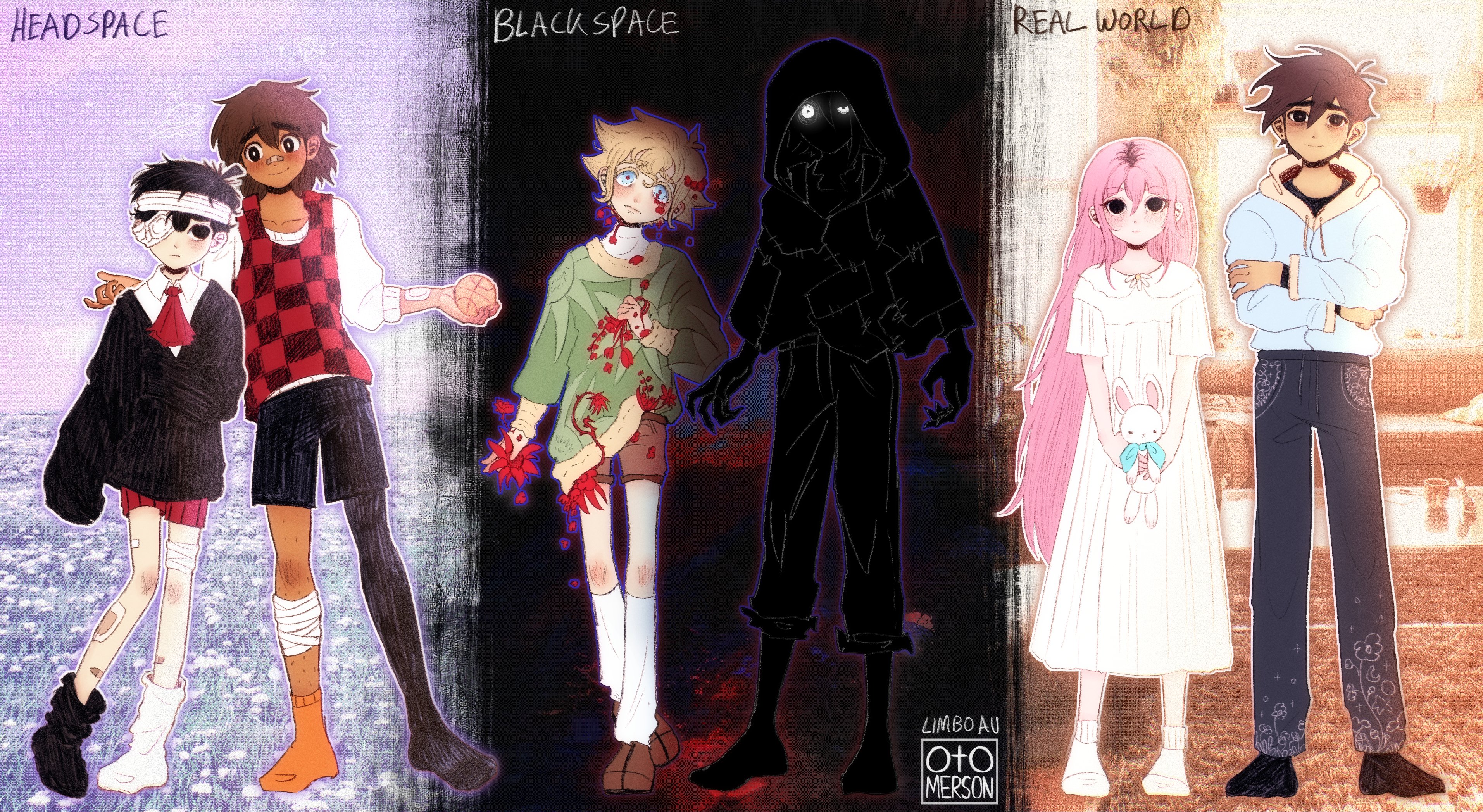 otomerson, aubrey (faraway) (omori), aubrey (omori), basil (faraway) (omori), basil (omori), hero (faraway) (omori), hero (omori), kel (faraway) (omori), kel (omori), stranger (omori), sunny (omori), omori, absurdres, highres, spoilers, 1girl, 5boys, alternate costume, alternate eye color, alternate universe, antenna hair, artist name, asymmetrical legwear, bags under eyes, ball, bandaged head, bandaged leg, bandages, bandaid, bandaid on arm, bandaid on face, bandaid on leg, bandaid on nose, basketball (object), black eyes, black hair, black pants, black shoes, black shorts, black skin, black socks, black sweater, black thighhighs, blonde hair, blood, blood on clothes, blue eyes, blue hoodie, brown hair, brown shoes, brown shorts, closed mouth, collarbone, collared shirt, colored skin, dark-skinned male, dark skin, dress, expressionless, eyepatch, full body, green sweater, hair between eyes, holding, holding ball, holding stuffed toy, hood, hood down, hood up, hoodie, kneehighs, long hair, long sleeves, looking at viewer, medical eyepatch, mismatched legwear, multicolored hair, multiple boys, musical note, orange socks, pants, pink hair, plant, red shorts, roots (hair), shirt, shoes, short hair, shorts, single sock, single thighhigh, sleeves past fingers, sleeves past wrists, socks, striped clothes, striped shorts, stuffed animal, stuffed rabbit, stuffed toy, sweater, sweatpants, thighhighs, vertical-striped clothes, vertical-striped shorts, white dress, white eyes, white shirt, white socks