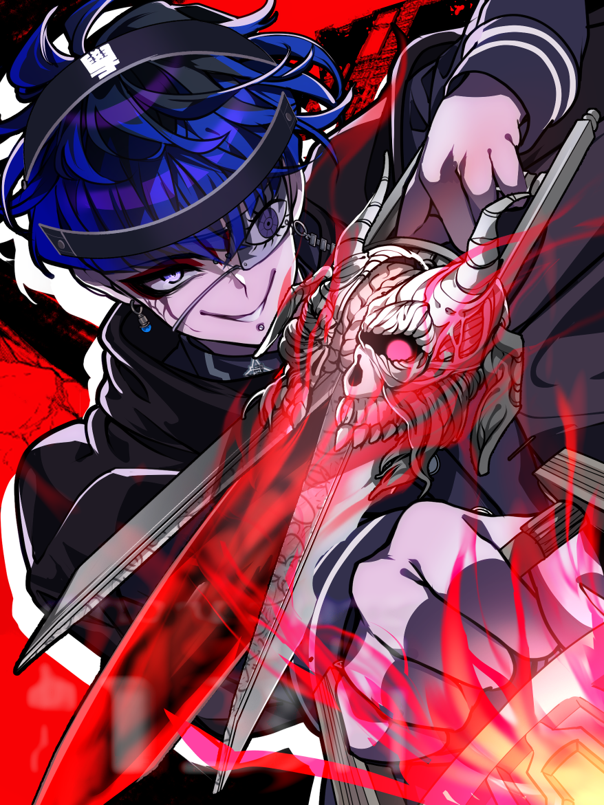 nota sayaka, omokage yugamu, the hundred line -last defense academy-, 1boy, black cloak, black hair, blue hair, cloak, dual wielding, earrings, evil smile, eye print, eyeliner, eyepatch, face piercing, facial mark, gloves, headgear, holding, jewelry, labret piercing, last defense academy school uniform, looking at viewer, makeup, male focus, multicolored hair, piercing, print eyepatch, purple eyes, red eyeliner, school uniform, short hair, smile, solo, white gloves