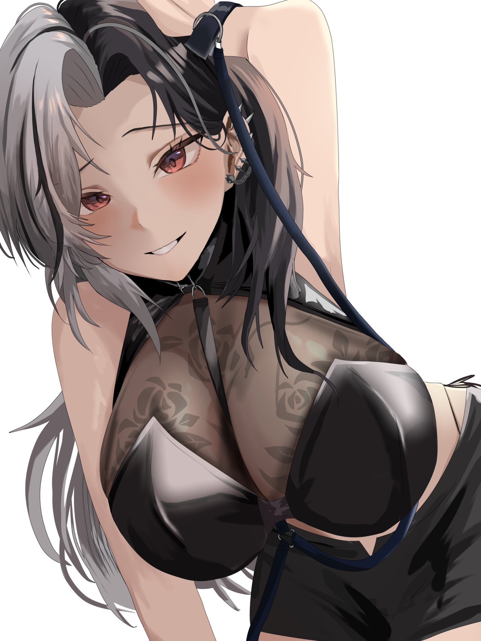 rosanna (nikke), goddess of victory: nikke, highres, 1girl, bikini, black bikini, black hair, blush, breasts, cleavage, flower tattoo, hair ornament, hip tattoo, huge breasts, jewelry, large breasts, long hair, looking at viewer, multicolored hair, navel, red eyes, smile, solo, spiked ear piercing, split-color hair, swimsuit, tato0324iti, tattoo, thighs, two-tone hair, white hair, wrist tattoo