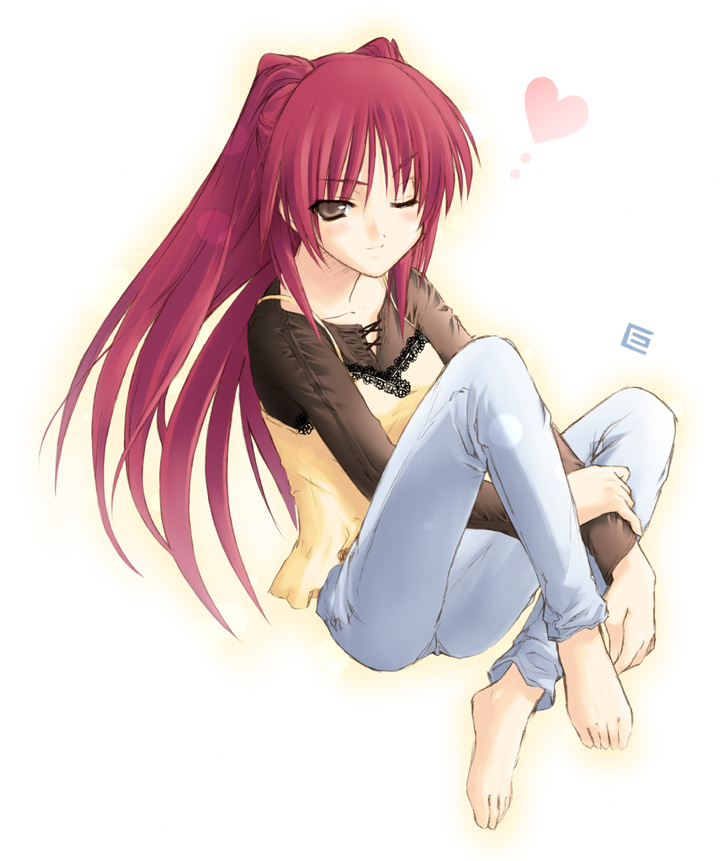 eretto, kousaka tamaki, to heart (series), to heart 2, resized, upscaled, 00s, 1girl, barefoot, casual, feet, female focus, solo