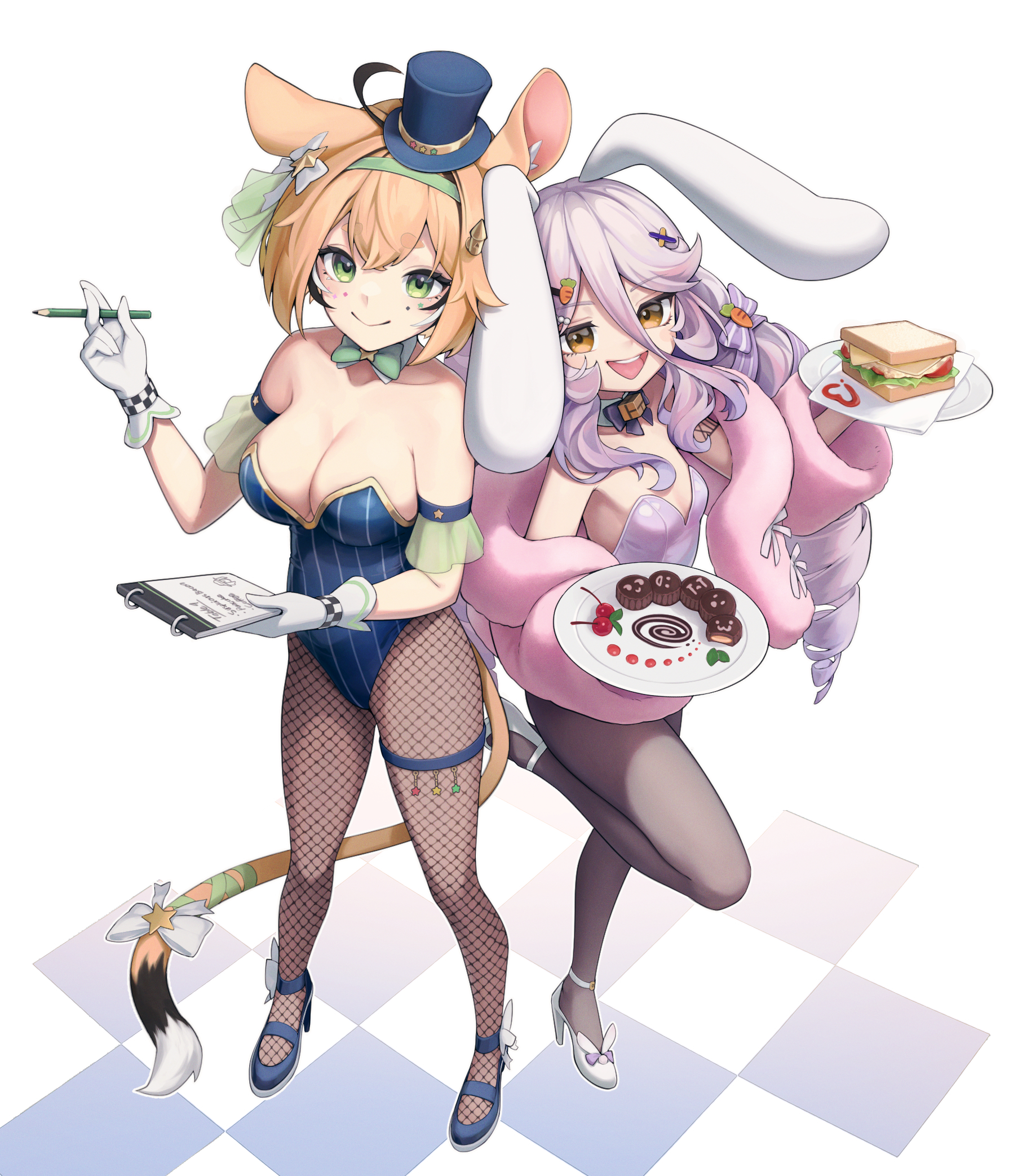 haedgie, dooby (vtuber), henya the genius, henya the genius (bunniversary), indie virtual youtuber, commentary, english commentary, highres, 2girls, animal ears, black streaks, blonde hair, blue leotard, bow, bowtie, breasts, checkered floor, closed mouth, coat, detached collar, dooby (idol) (vtuber), drill hair, fishnet pantyhose, fishnets, gloves, green bow, green bowtie, green eyes, green hairband, grey pantyhose, hair between eyes, hairband, hat, high heels, holding, holding notepad, holding pencil, jerboa tail, large breasts, leg lift, leotard, long hair, long hair between eyes, medium hair, mini hat, mini top hat, multiple girls, notepad, open mouth, pantyhose, pencil, pink coat, playboy bunny, purple hair, purple leotard, rabbit ears, rabbit girl, small breasts, smile, standing, standing on one leg, strapless, strapless leotard, striped clothes, striped leotard, thigh strap, top hat, virtual youtuber, white background, white gloves, yellow eyes