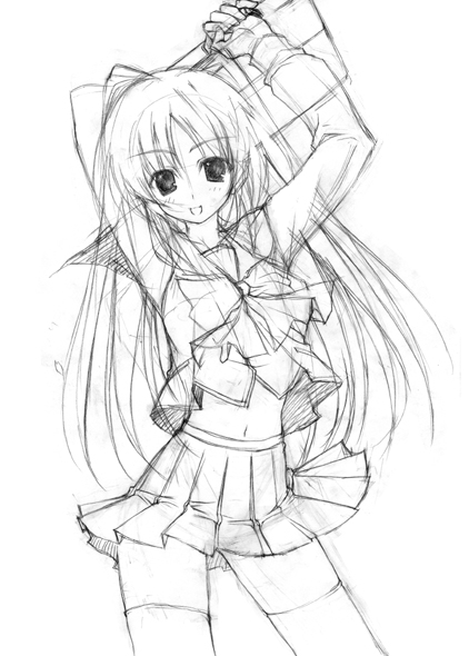 kousaka tamaki, to heart (series), to heart 2, 00s, arms up, bag, greyscale, long hair, monochrome, pleated skirt, satchel, school uniform, serafuku, skirt, solo, thighhighs