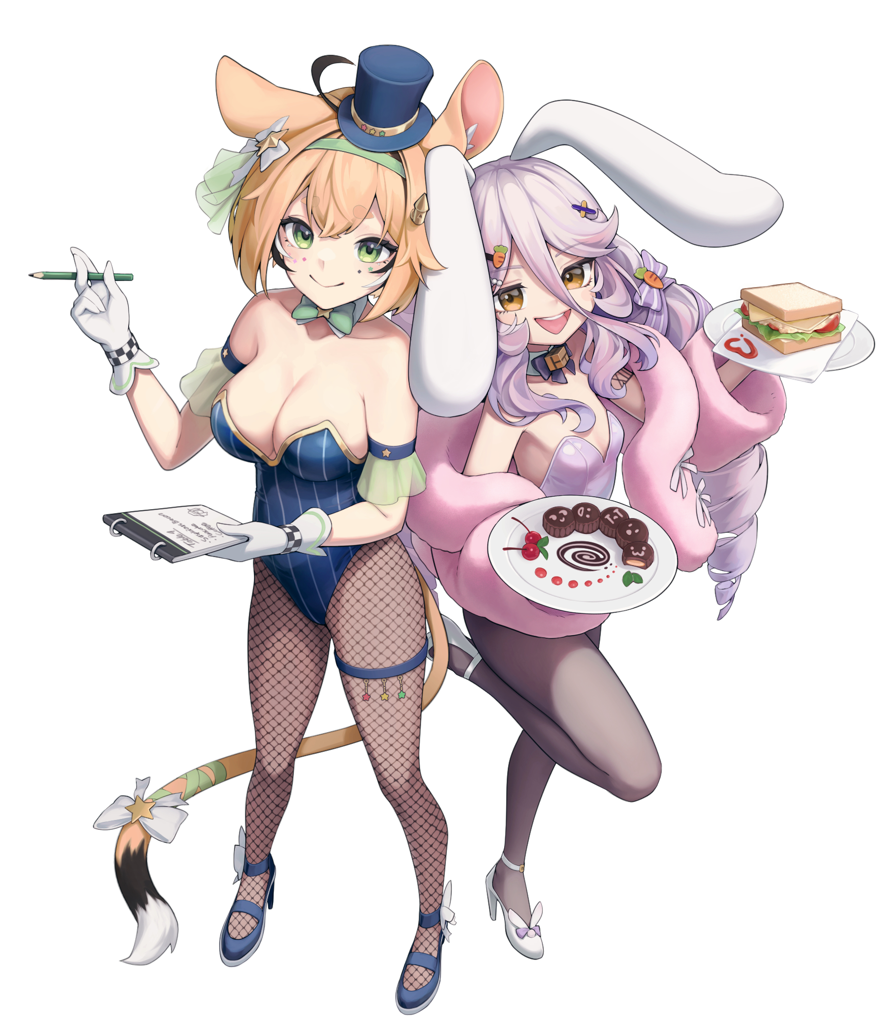 haedgie, dooby (vtuber), henya the genius, henya the genius (bunniversary), indie virtual youtuber, commentary, english commentary, highres, 2girls, animal ears, black streaks, blonde hair, blue leotard, bow, bowtie, breasts, closed mouth, coat, detached collar, dooby (idol) (vtuber), drill hair, fishnet pantyhose, fishnets, gloves, green bow, green bowtie, green eyes, green hairband, grey pantyhose, hair between eyes, hairband, hat, high heels, holding, holding notepad, holding pencil, jerboa tail, large breasts, leg lift, leotard, long hair, long hair between eyes, medium hair, mini hat, mini top hat, multiple girls, notepad, open mouth, pantyhose, pencil, pink coat, playboy bunny, purple hair, purple leotard, rabbit ears, rabbit girl, simple background, small breasts, smile, standing, standing on one leg, strapless, strapless leotard, striped clothes, striped leotard, thigh strap, top hat, virtual youtuber, white background, white gloves, yellow eyes
