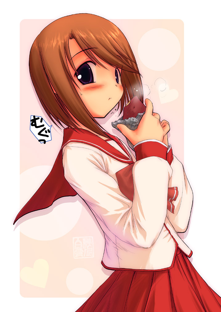 komaki manaka, to heart (series), to heart 2, 00s, food, pleated skirt, roasted sweet potato, school uniform, serafuku, skirt, solo, sweet potato
