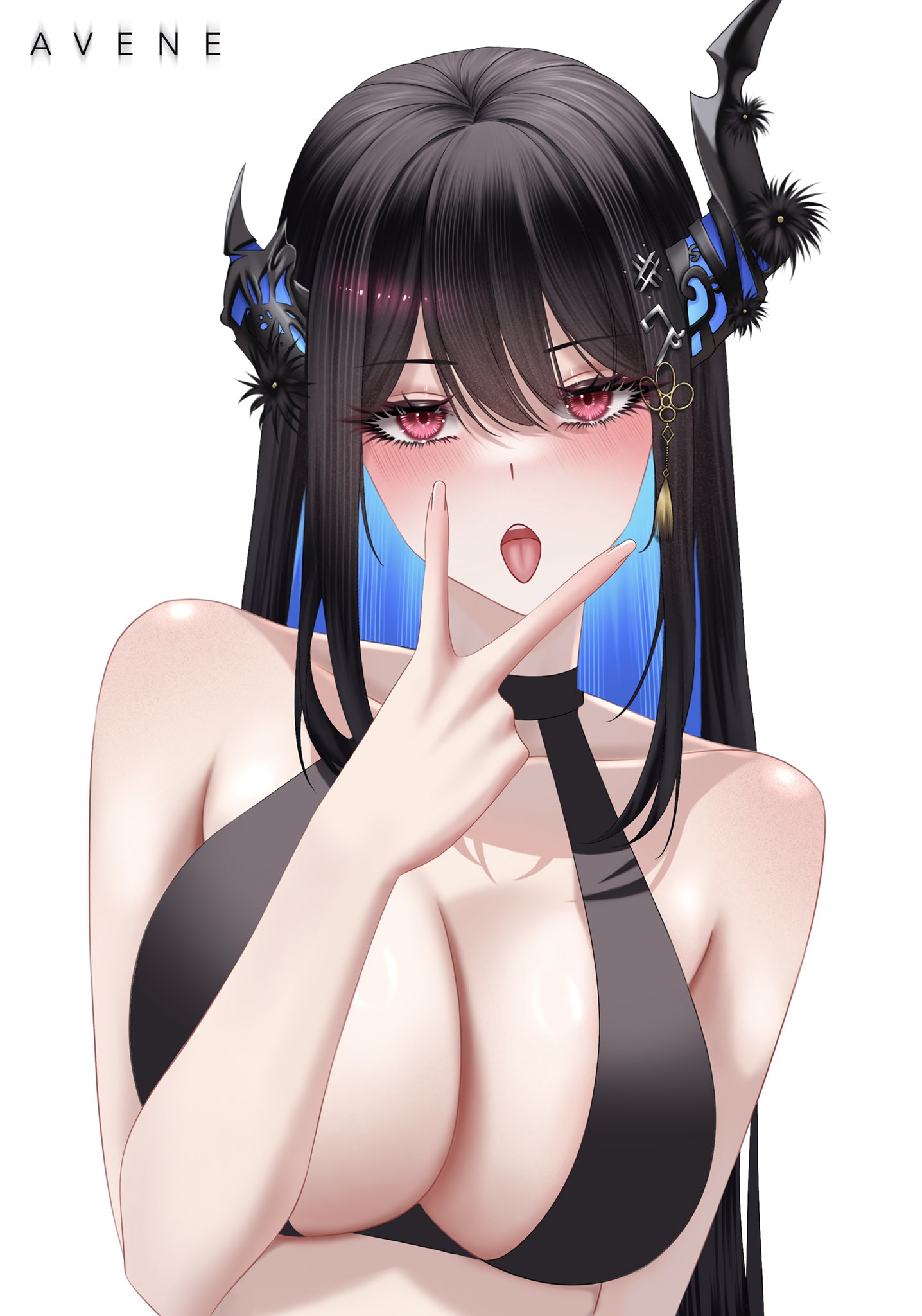 nerissa ravencroft, hololive, hololive english, hashtag-only commentary, highres, 1girl, alternate costume, artist name, avene chan, bikini, black bikini, black hair, black horns, blue hair, blush, breasts, colored inner hair, hand up, horns, large breasts, long hair, looking at viewer, multicolored hair, open mouth, red eyes, solo, swimsuit, tongue, tongue out, v, v over mouth, virtual youtuber, white background