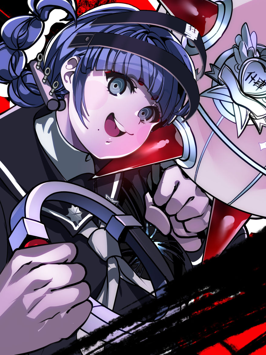 nota sayaka, mojiro moko, the hundred line -last defense academy-, 1girl, black background, black sailor collar, black serafuku, braid, eyeliner, flail, gloves, grey eyes, headgear, holding flail, last defense academy school uniform, looking at viewer, makeup, medium hair, neckerchief, open mouth, purple eyes, purple hair, red background, red eyeliner, sailor collar, school uniform, serafuku, solo, teeth, two-tone background, upper teeth only, weapon, white gloves, white neckerchief