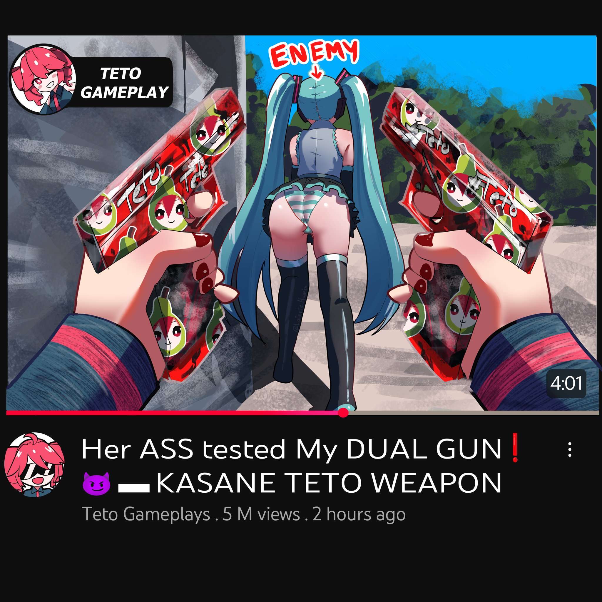 alaniz (lafertealanis), hatsune miku, kasane teto, pearto, utau, vocaloid, commentary, english commentary, highres, 2girls, aqua hair, arrow (symbol), ass, black boots, black skirt, black sleeves, boots, detached sleeves, dual wielding, fake screenshot, fake video, grey shirt, gun, gun decal, handgun, holding, holding gun, holding weapon, long hair, microskirt, multiple girls, panties, pov-hands, red nails, shirt, skirt, striped clothes, striped panties, thigh boots, twintails, underwear, very long hair, weapon
