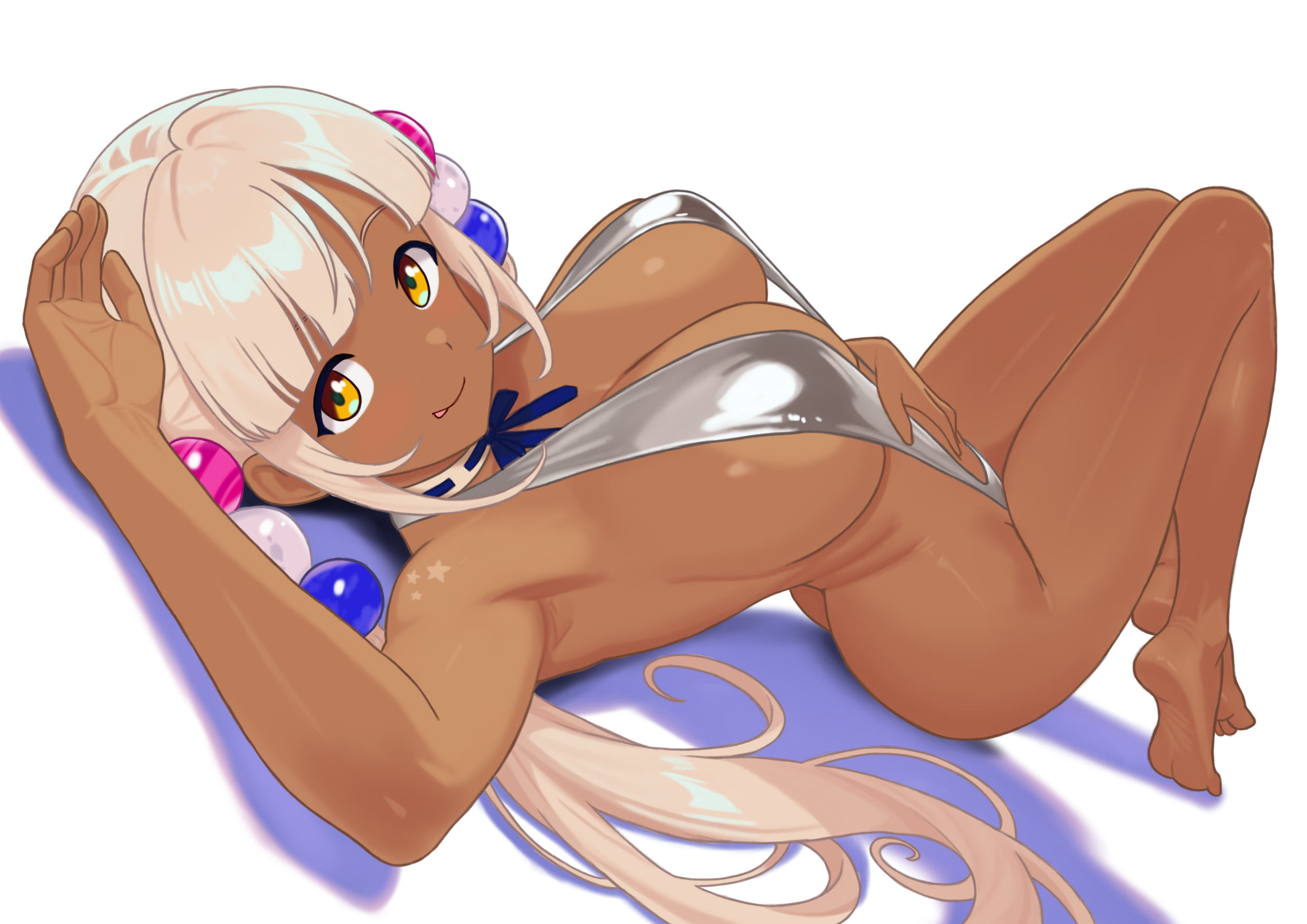 danimocles, tsukumo sana, hololive, hololive english, commentary, english commentary, highres, paid reward available, 1girl, armpits, barefoot, blonde hair, breasts, cleavage, dark-skinned female, dark skin, feet, grey slingshot swimsuit, hair ornament, knees up, large breasts, legs, long hair, looking at viewer, lying, monokini, on back, planet hair ornament, revealing clothes, sidelocks, simple background, slingshot swimsuit, smile, soles, solo, swimsuit, toes, twintails, very long hair, virtual youtuber, white background, yellow eyes