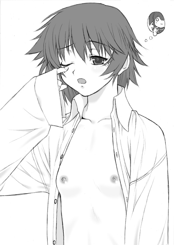 shichimenchou, yamada michiru, yuzuhara konomi, to heart (series), to heart 2, 00s, 1girl, :3, breasts, collarbone, dress shirt, female focus, flat chest, greyscale, long sleeves, monochrome, nipples, o o, one eye closed, open clothes, open mouth, open shirt, shirt, short hair, simple background, sleepy, sleeves past wrists, small breasts, solo focus, speech bubble, tears, thought bubble, upper body, white background