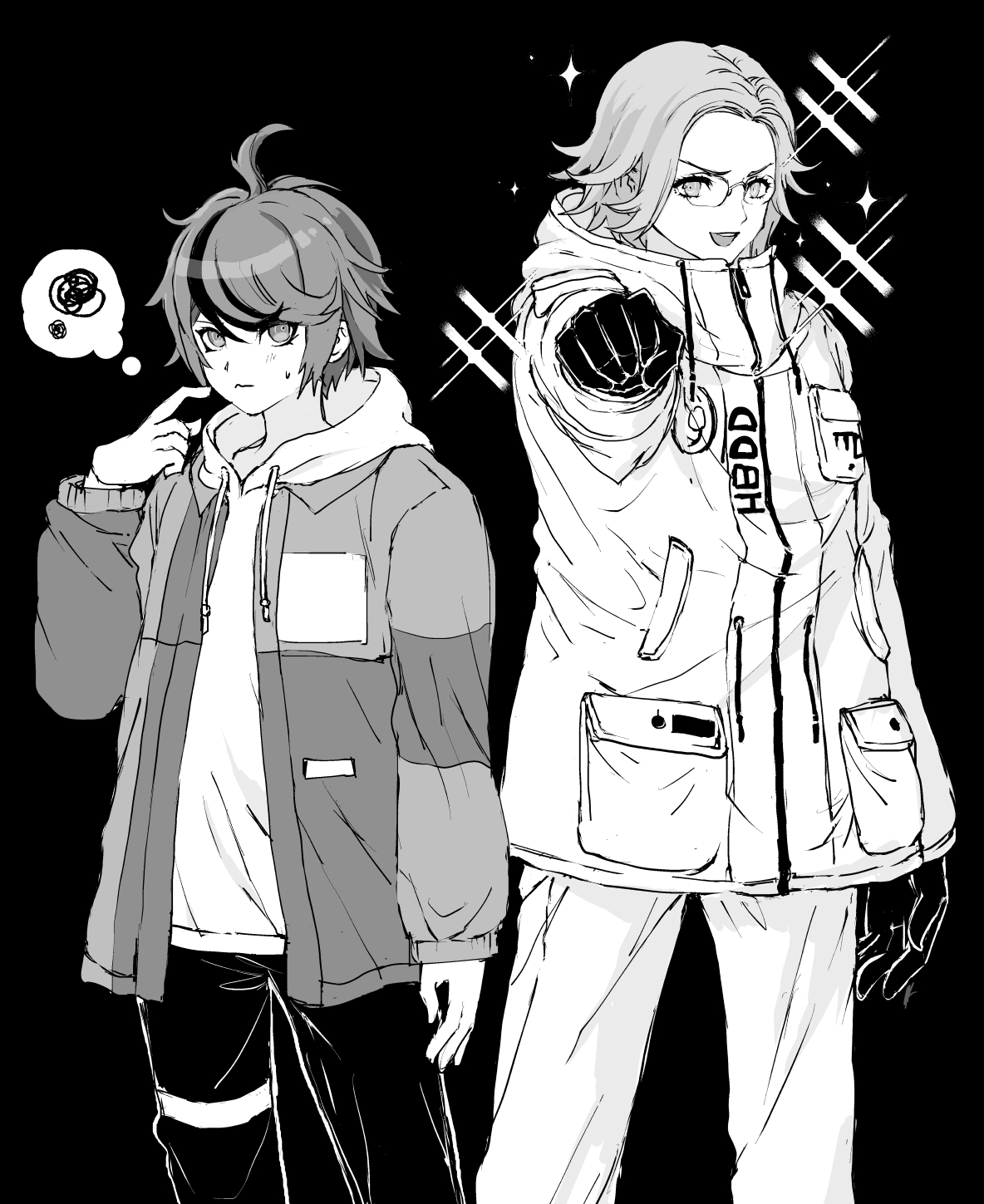 tohri, aotsuki eito, sumino takumi, the hundred line -last defense academy-, highres, 2boys, :d, ahoge, breast pocket, clenched hand, cowboy shot, glasses, gloves, greyscale, hood, hoodie, incoming fist bump, jacket, jacket over hoodie, looking at viewer, male focus, monochrome, multicolored hair, multiple boys, open clothes, open jacket, open mouth, pants, pocket, scratching cheek, short hair, simple background, small sweatdrop, smile, sparkle, speech bubble, spoken squiggle, squiggle, streaked hair, thought bubble