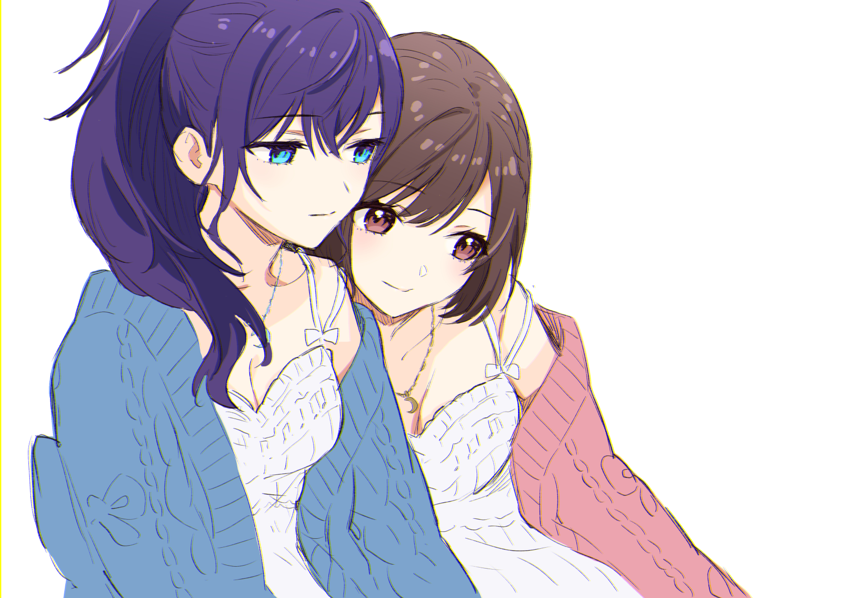 hijiki (hijikini), character request, copyright request, highres, 2girls, blue cardigan, blue eyes, breasts, brown eyes, brown hair, cardigan, cleavage, closed mouth, crescent, crescent necklace, expressionless, hair between eyes, jewelry, leaning on person, leaning to the side, long bangs, long hair, long sleeves, multiple girls, necklace, open cardigan, open clothes, pink cardigan, ponytail, purple eyes, shirt, short hair, simple background, sketch, sleeveless, sleeveless shirt, smile, spaghetti strap, upper body, white background, white shirt, yuri