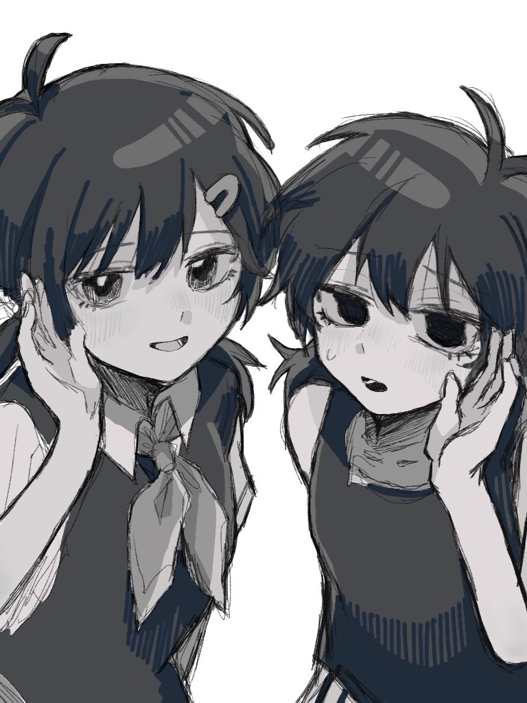 marugayottu, omori (omori), sunny (omori), omori, 2girls, adapted costume, antenna hair, collared shirt, dual persona, empty eyes, from above, genderswap, genderswap (mtf), greyscale, hair ornament, hairclip, looking at viewer, low twintails, medium hair, monochrome, multiple girls, neckerchief, open mouth, shirt, short sleeves, short twintails, simple background, sweatdrop, sweater vest, tank top, twintails