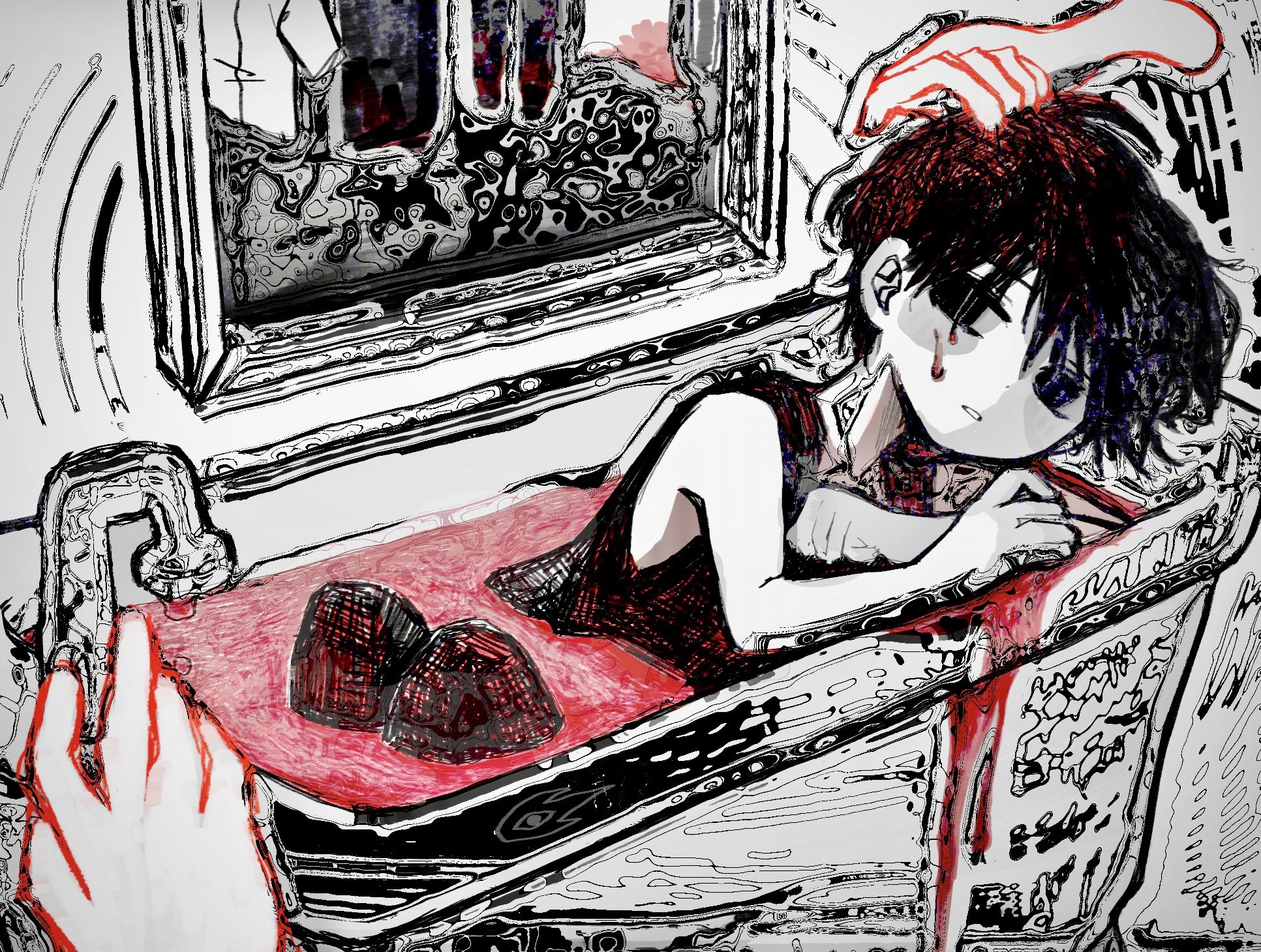 marugayottu, omori (omori), something (omori), omori, highres, 1boy, bath, bath of blood, bathing, bathtub, black eyes, black hair, black tank top, black thighhighs, blood, colored skin, faucet, limited palette, looking at viewer, male focus, parted lips, short hair, solo, tank top, thighhighs, white skin