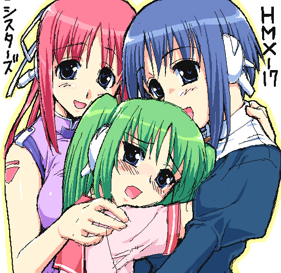 ilfa (to heart), multi (to heart), serio (to heart), to heart (series), to heart 2, 00s, 3girls, :o, blue eyes, blue hair, blush, girl sandwich, green hair, hug, multiple girls, oekaki, open mouth, red hair, robot ears, sandwiched, school uniform, twintails