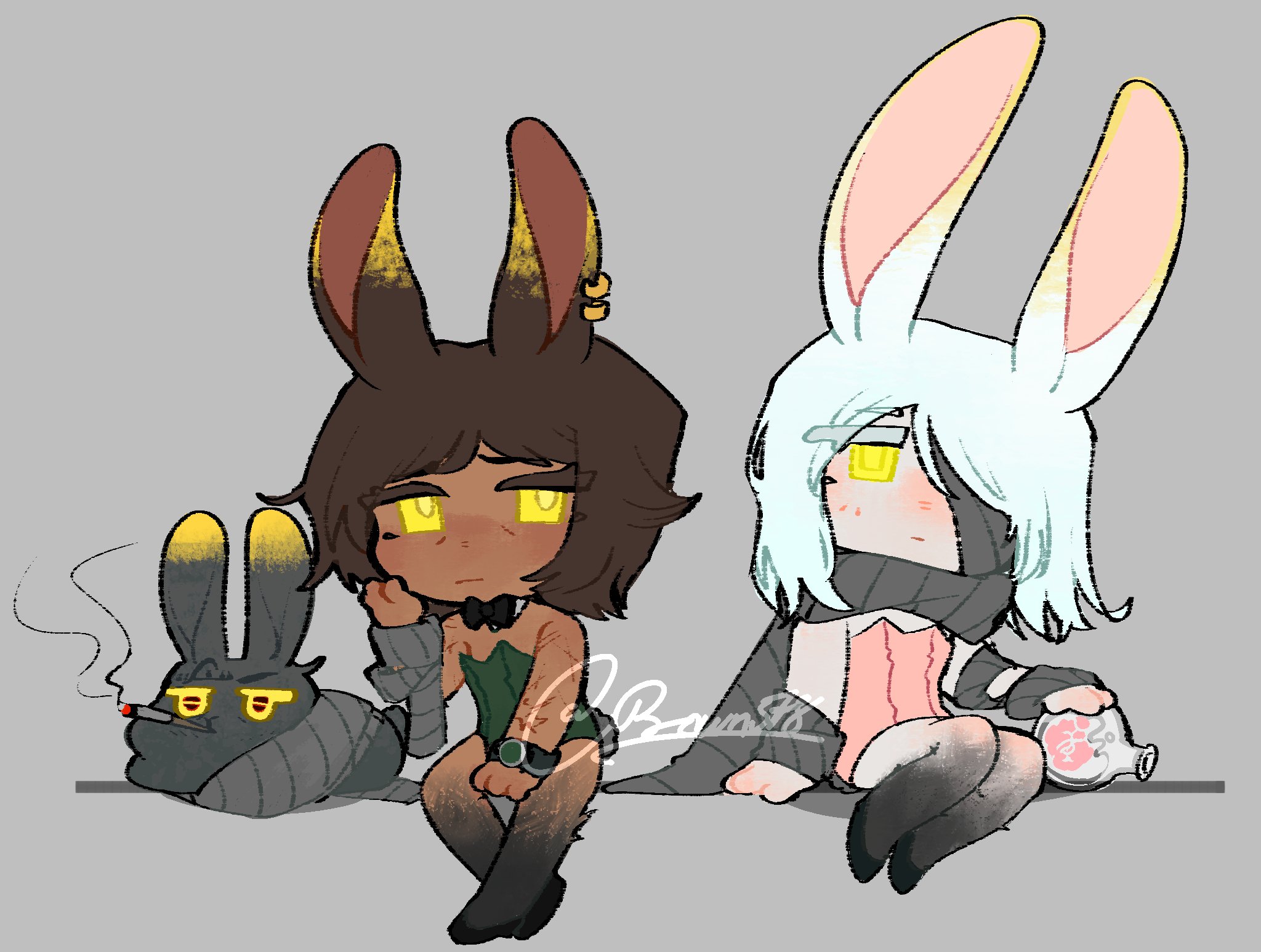 boun578, faust (project moon), outis (project moon), limbus company, project moon, highres, 2girls, alternate costume, bandage over one eye, black bow, black bowtie, bow, bowtie, brown hair, chibi, dark-skinned female, dark skin, full body, green leotard, grey background, grey scarf, heishou pack-mao branch (identity) (project moon), leotard, looking at viewer, multiple girls, pink leotard, rabbit, rabbit girl, scarf, short hair, simple background, sitting, smoking, white hair, yellow eyes