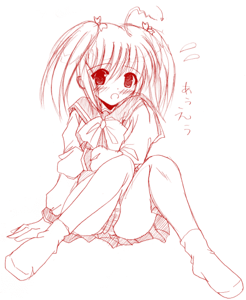 kohakugin, yuzuhara konomi, to heart (series), to heart 2, 00s, 1girl, female focus, monochrome, pleated skirt, school uniform, serafuku, sitting, sketch, skirt, socks, solo