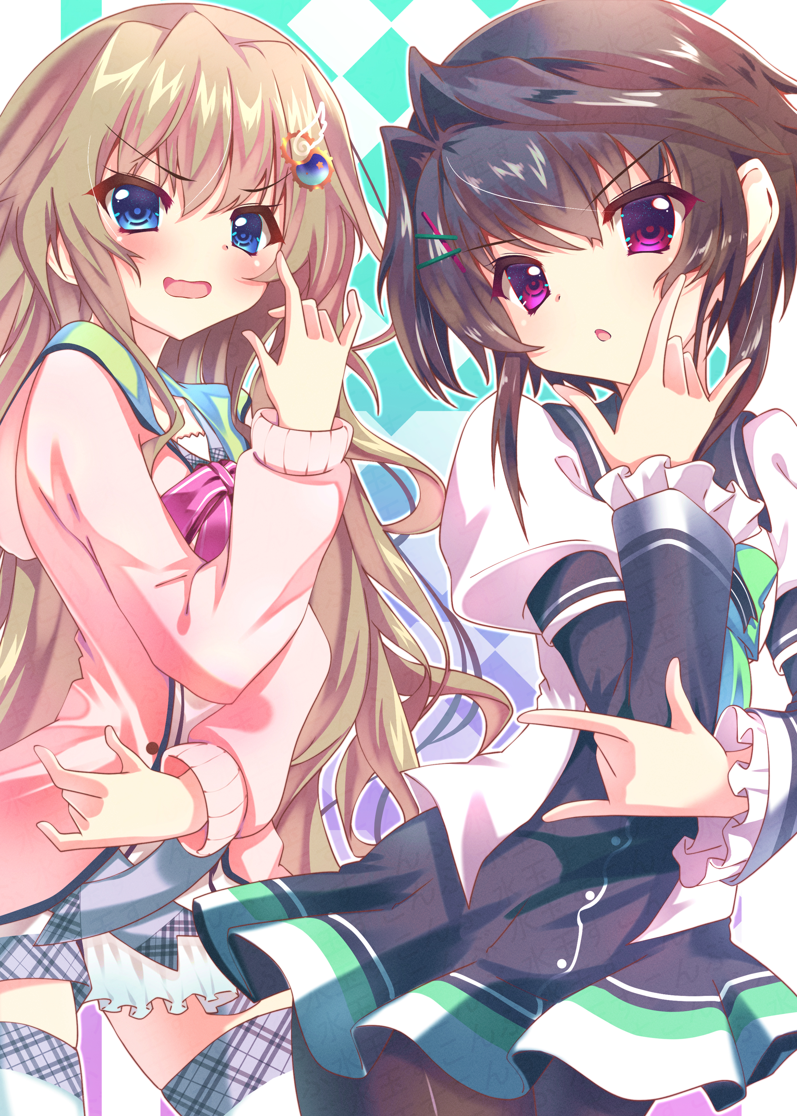sukonbu385, kujou miyako, yuuki noa, 9-nine-, absurdres, commentary request, highres, 2girls, m/, argyle background, belt, black dress, black hair, black pantyhose, black thighhighs, blue eyes, blush, bow, bowtie, brown hair, cardigan, chuunibyou, cowboy shot, dress, dress bow, eyes visible through hair, frilled sleeves, frills, gear hair ornament, gradient background, green background, green bow, grey belt, hair between eyes, hair intakes, hair ornament, hairclip, hakusen academy school uniform, hand up, juliet sleeves, kuho girls academy school uniform, long hair, long sleeves, looking at viewer, multiple girls, nervous smile, open cardigan, open clothes, open mouth, outline, pantyhose, pink bow, pink bowtie, pink cardigan, pleated dress, puffy sleeves, red eyes, school uniform, serious, short hair with long locks, sidelocks, simple background, smile, star (symbol), star print, thighhighs, v-shaped eyebrows, very long hair, watermark, wavy mouth, white dress, white outline, white thighhighs, wide sleeves, wing hair ornament, zettai ryouiki
