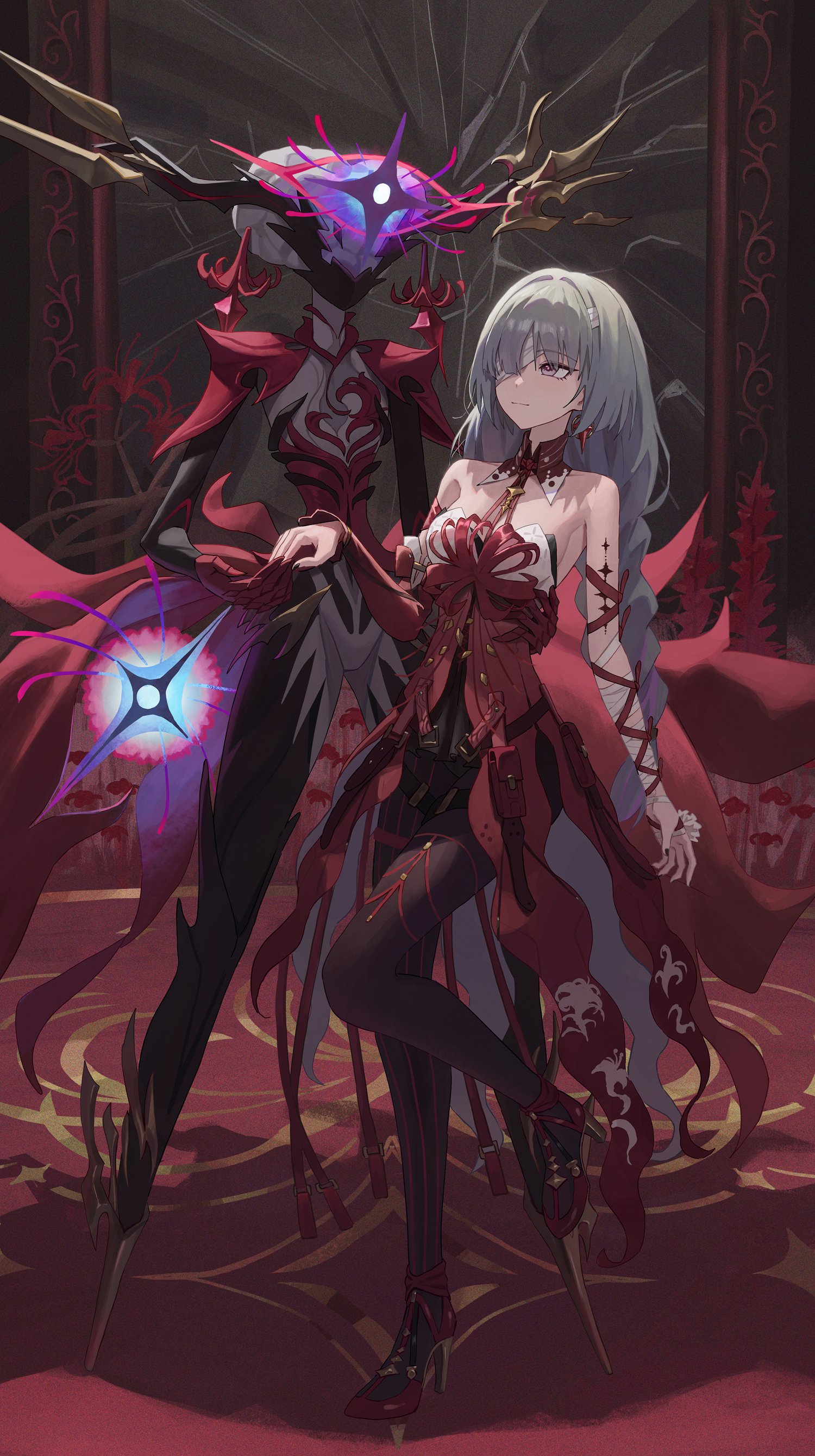 llami 0, phrolova (wuthering waves), wuthering waves, absurdres, commentary, highres, 1girl, bandage over one eye, bandaged arm, bandages, bare shoulders, black nails, black pantyhose, black skirt, braid, breasts, broken glass, closed mouth, detached sleeves, dress, earrings, fingernails, full body, glass, grey eyes, halter dress, halterneck, hecate (wuthering waves), high heels, jewelry, long hair, looking at another, low twin braids, medium breasts, multicolored hair, nail polish, pantyhose, red dress, red shoes, shoes, single detached sleeve, skirt, standing, standing on one leg, streaked hair, tacet discord (wuthering waves), tacet mark (wuthering waves), taking another's hand, twin braids