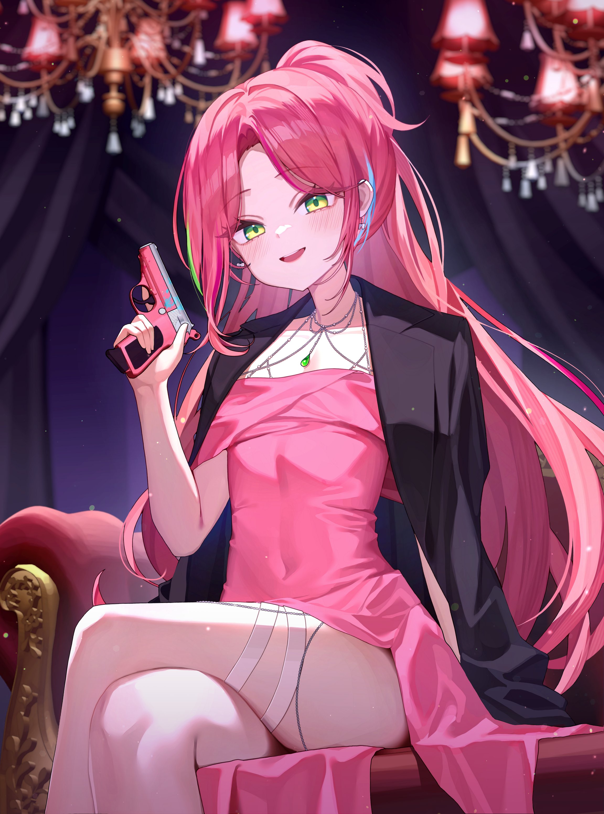 yioro, hanako nana, stellive, walther, absurdres, commentary request, highres, korean commentary, 1girl, aqua streaks, arm out of sleeve, black jacket, blush, chandelier, covered navel, crossed legs, curtained hair, dress, earrings, feet out of frame, forehead, green eyes, green streaks, gun, hand up, handgun, holding, holding gun, holding weapon, jacket, jewelry, long hair, looking at viewer, multicolored hair, off-shoulder dress, off shoulder, open clothes, open jacket, open mouth, pink dress, pink hair, ponytail, side slit, sitting, smile, solo, streaked hair, thighs, very long hair, virtual youtuber, walther ppk, weapon