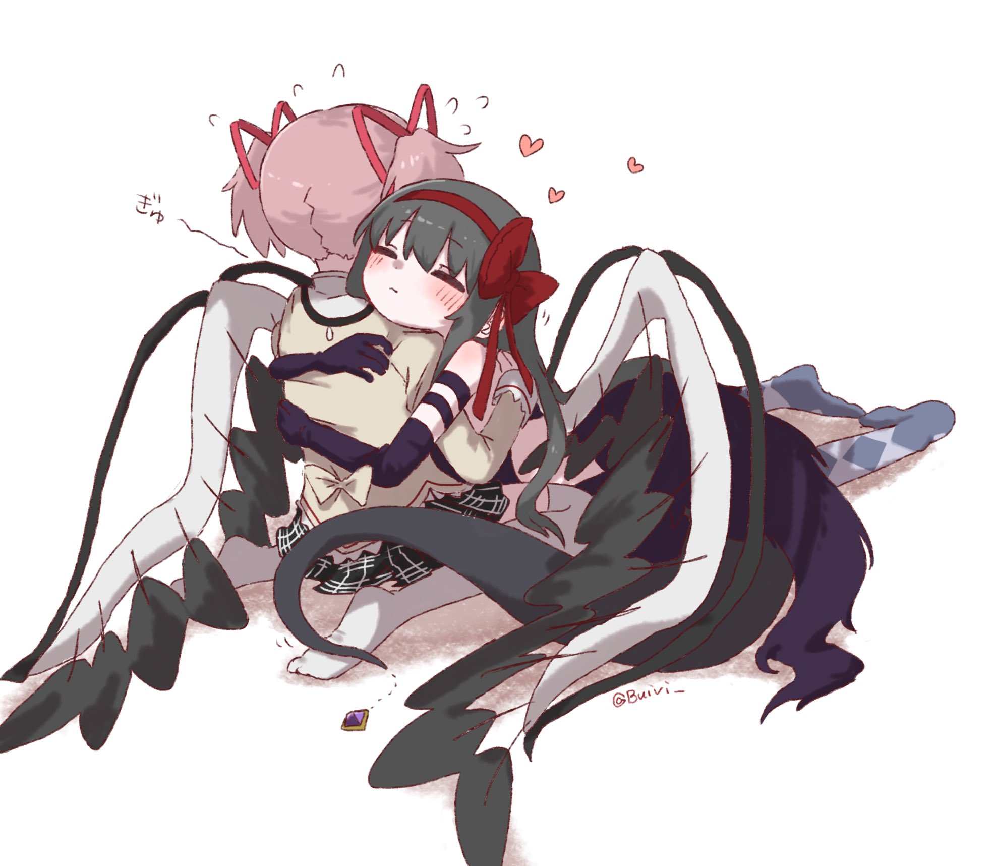 buivi, akemi homura, akuma homura, kaname madoka, mahou shoujo madoka magica, mahou shoujo madoka magica (anime), highres, 2girls, black hair, black skirt, blush, closed eyes, closed mouth, elbow gloves, flying sweatdrops, gloves, hair ribbon, hairband, heart, hug, juliet sleeves, kemonomimi mode, long hair, long sleeves, mitakihara school uniform, multiple girls, pink hair, pink ribbon, plaid clothes, plaid skirt, pleated skirt, puffy sleeves, purple gloves, red hairband, ribbon, school uniform, shirt, simple background, skirt, snake tail, soul gem, tail, thighhighs, twintails, white background, white thighhighs, yellow shirt, yuri