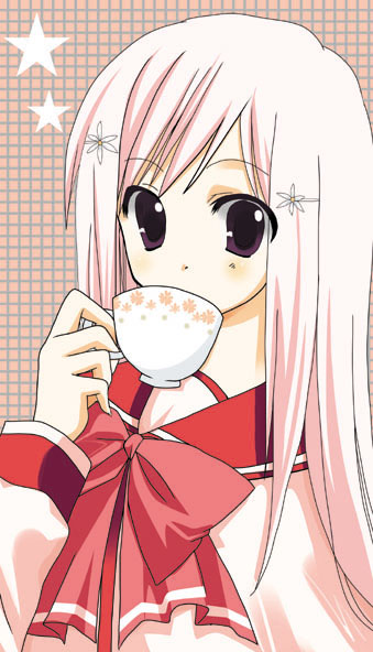 lucy maria misora, to heart (series), to heart 2, 00s, blush, cup, hair ornament, hairpin, long hair, pink eyes, pink hair, solo