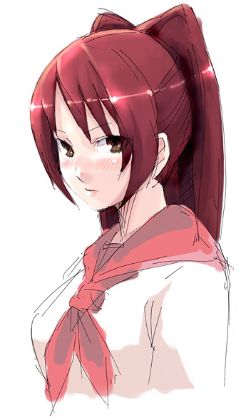kousaka tamaki, to heart (series), to heart 2, 00s, 1girl, blush, brown eyes, female focus, looking at viewer, red hair, school uniform, shirt, simple background, solo, twintails, white background, white shirt