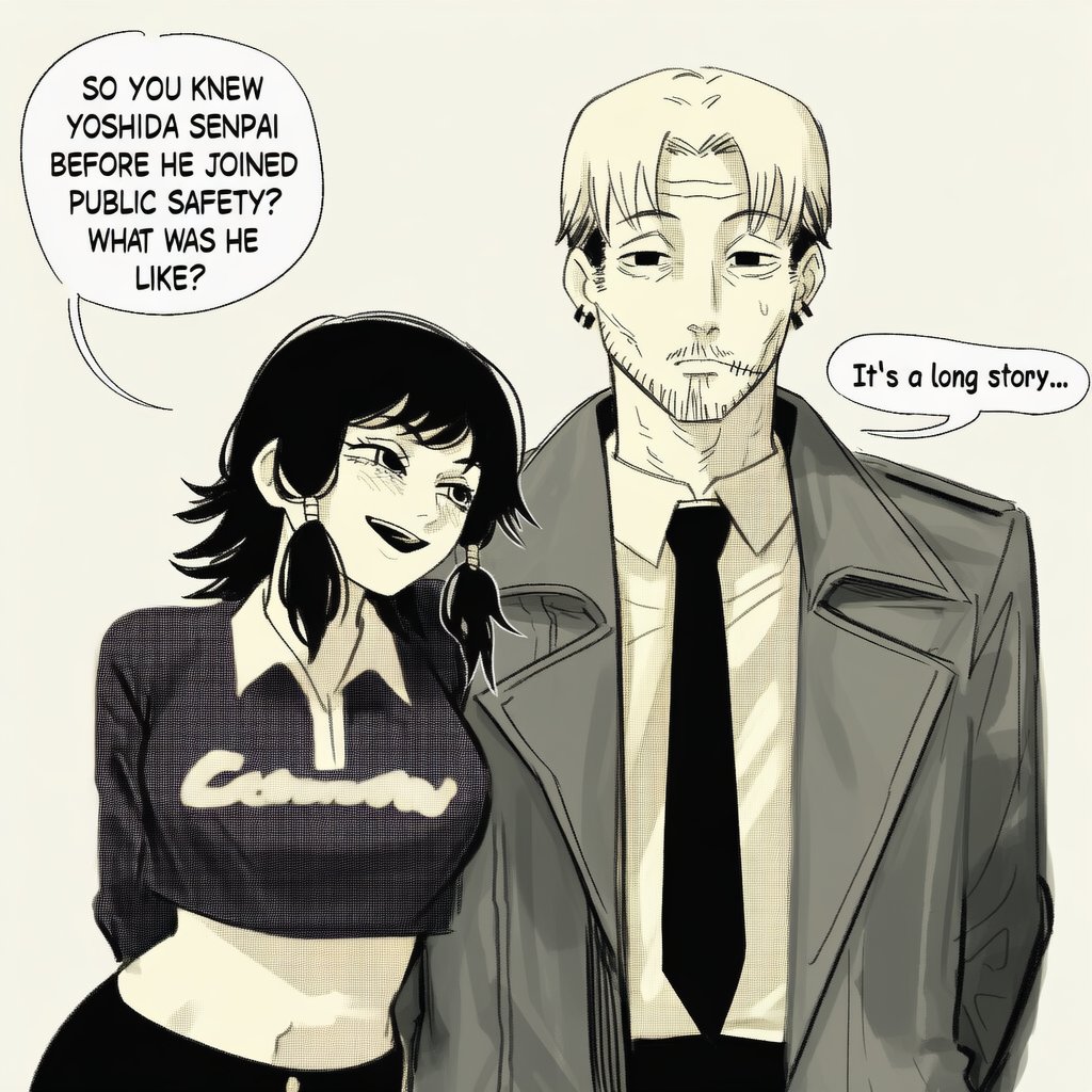 lapis slopzuli, kishibe (chainsaw man), mifune fumiko, chainsaw man, commentary, english commentary, 1boy, 1girl, arms behind back, beard stubble, coat, collared shirt, crop top, english text, facial hair, facial scar, greyscale, low-tied sidelocks, mature male, medium hair, monochrome, navel, necktie, pants, scar, scar on cheek, scar on face, shirt, short hair, sidelocks, speech bubble, stubble, sweat, trench coat, very short hair