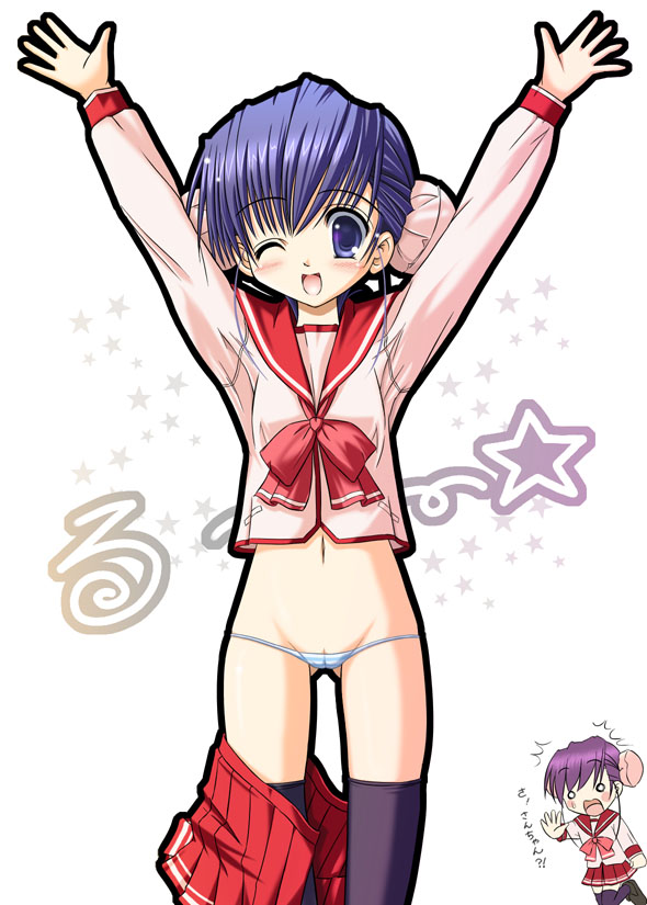 himeyuri ruri, himeyuri sango, to heart (series), to heart 2, 00s, 2girls, arms up, black thighhighs, blue eyes, blue hair, blue panties, blush, bottomless, bow, bun cover, clothes pull, double bun, hair bun, lowleg, lowleg panties, multiple girls, navel, no pants, one eye closed, panties, pink bow, pleated skirt, school uniform, serafuku, skirt, skirt pull, thighhighs, underwear, wink