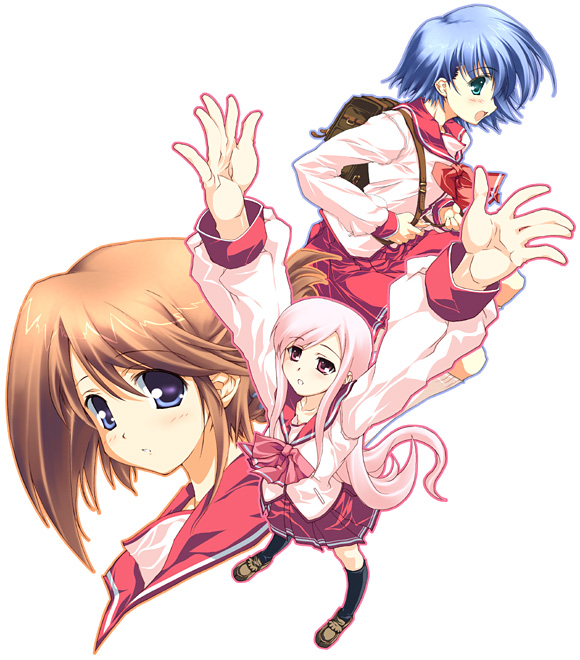 akari maki, komaki manaka, lucy maria misora, tonami yuma, to heart (series), to heart 2, bad perspective, 00s, 3girls, blue hair, brown hair, folded ponytail, hair ornament, hairclip, long hair, looking at viewer, looking up, multiple girls, running, school uniform, serafuku, short hair, simple background