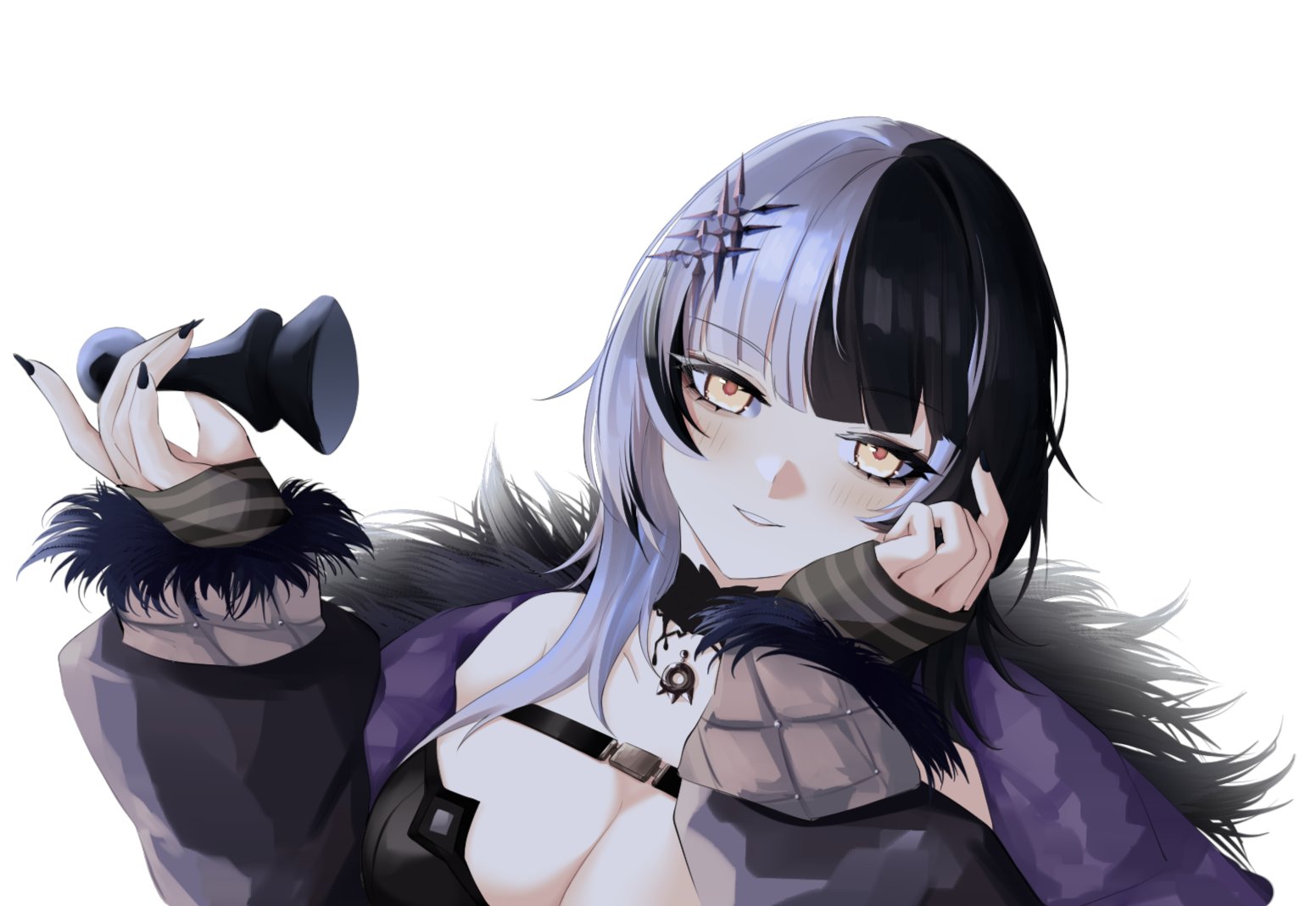 gloryaldelly, shiori novella, shiori novella (1st costume), hololive, hololive english, commentary, english commentary, 1girl, black arm warmers, black choker, black coat, black dress, black hair, black nails, breasts, chess piece, choker, cleavage, coat, dress, fur-trimmed coat, fur trim, grey hair, head rest, holding, holding chess piece, large breasts, long hair, looking at viewer, multicolored hair, purple coat, simple background, solo, split-color hair, striped arm warmers, two-sided coat, two-sided fabric, two-tone hair, virtual youtuber, white background, yellow eyes