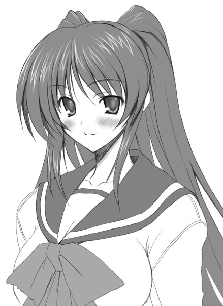 kousaka tamaki, to heart (series), to heart 2, 00s, 1girl, female focus, greyscale, monochrome, school uniform, serafuku, solo