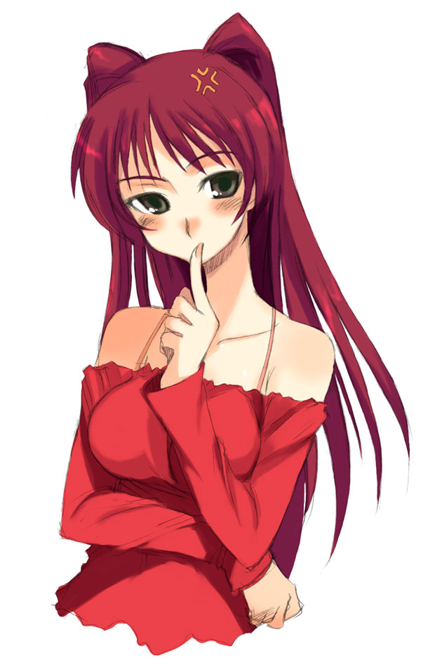 kusanagi tonbo, kousaka tamaki, to heart (series), to heart 2, 00s, 1girl, anger vein, bare shoulders, blush, breasts, brown eyes, collarbone, female focus, finger to mouth, hand up, impossible clothes, impossible shirt, long hair, long sleeves, looking at viewer, off shoulder, red hair, red shirt, shirt, simple background, solo, upper body, white background