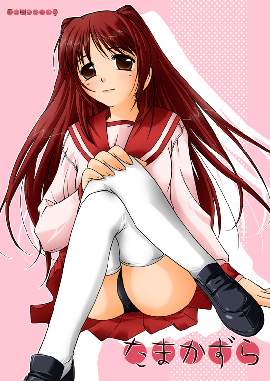 kousaka tamaki, to heart (series), to heart 2, 00s, black panties, blush, brown eyes, crossed legs, long hair, miniskirt, panties, pantyshot, pleated skirt, red hair, school uniform, serafuku, shoes, sitting, skirt, solo, thighhighs, underwear, upskirt, white thighhighs, zettai ryouiki