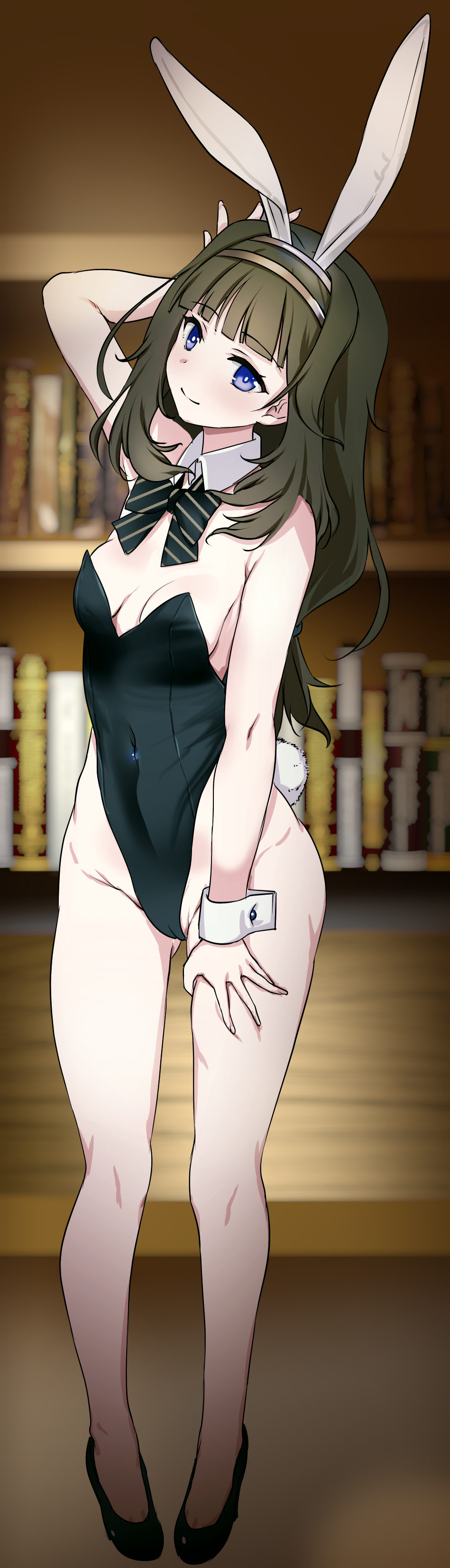 kimura shuuichi, tsumugi (blue archive), blue archive, absurdres, commentary request, highres, 1girl, animal ears, arm behind head, arm up, bare shoulders, blue eyes, book, bow, breasts, brown hair, bunny day, closed mouth, collar, covered navel, detached collar, diagonal-striped bow, fake animal ears, full body, green bow, green leotard, green shoes, hairband, high heels, leotard, long hair, playboy bunny, rabbit ears, rabbit tail, shoes, small breasts, smile, solo, strapless, strapless leotard, striped bow, tail, white collar, white hairband, wing collar, wrist cuffs