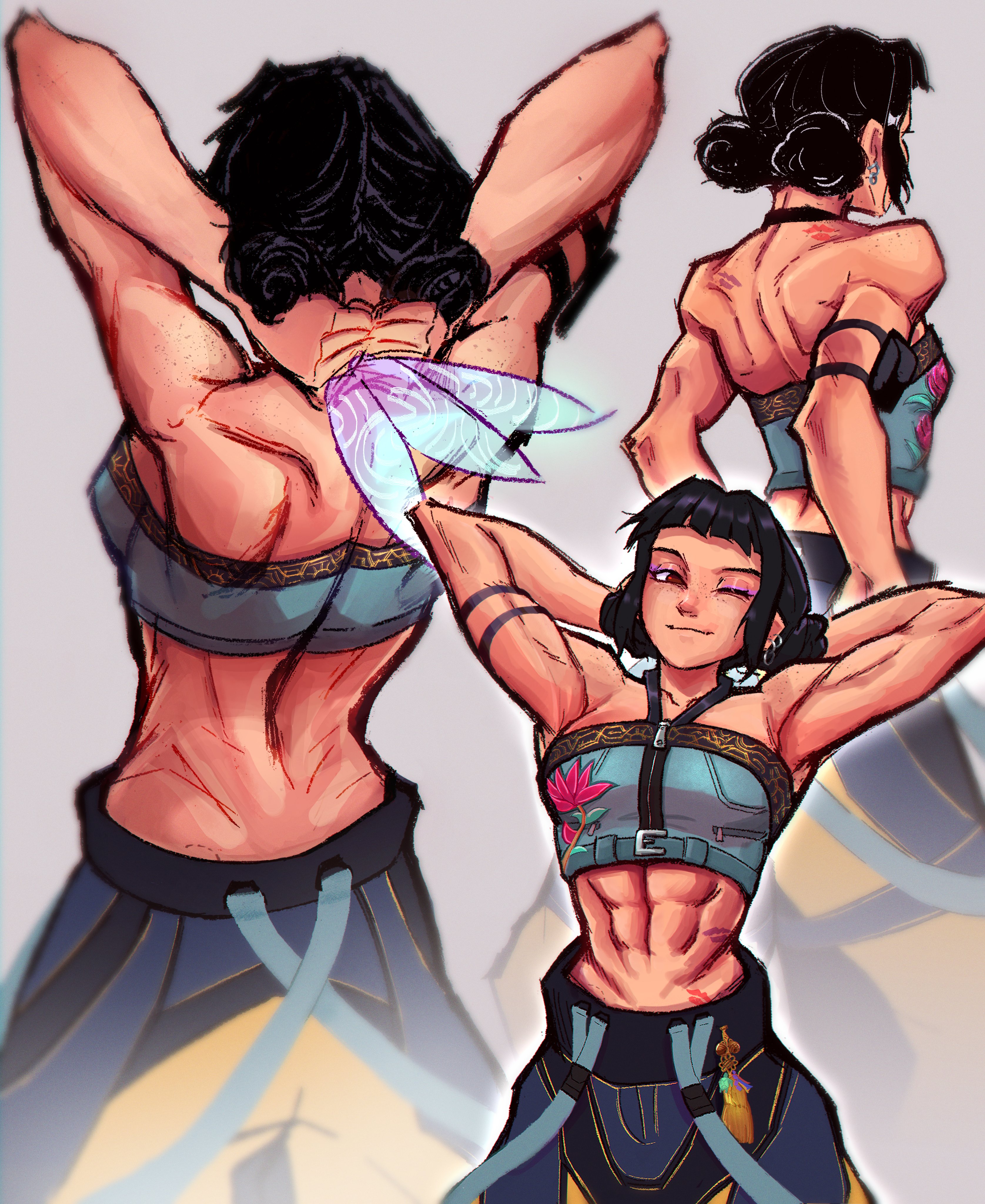 zoey (kpop demon hunters), kpop demon hunters, absurdres, highres, 1girl, abs, arms behind head, back, black hair, double bun, hair bun, holding, holding knife, knife, marineford1999, muscular, muscular female, one eye closed, red eyes, simple background, smile, solo, suspenders, throwing knife, weapon