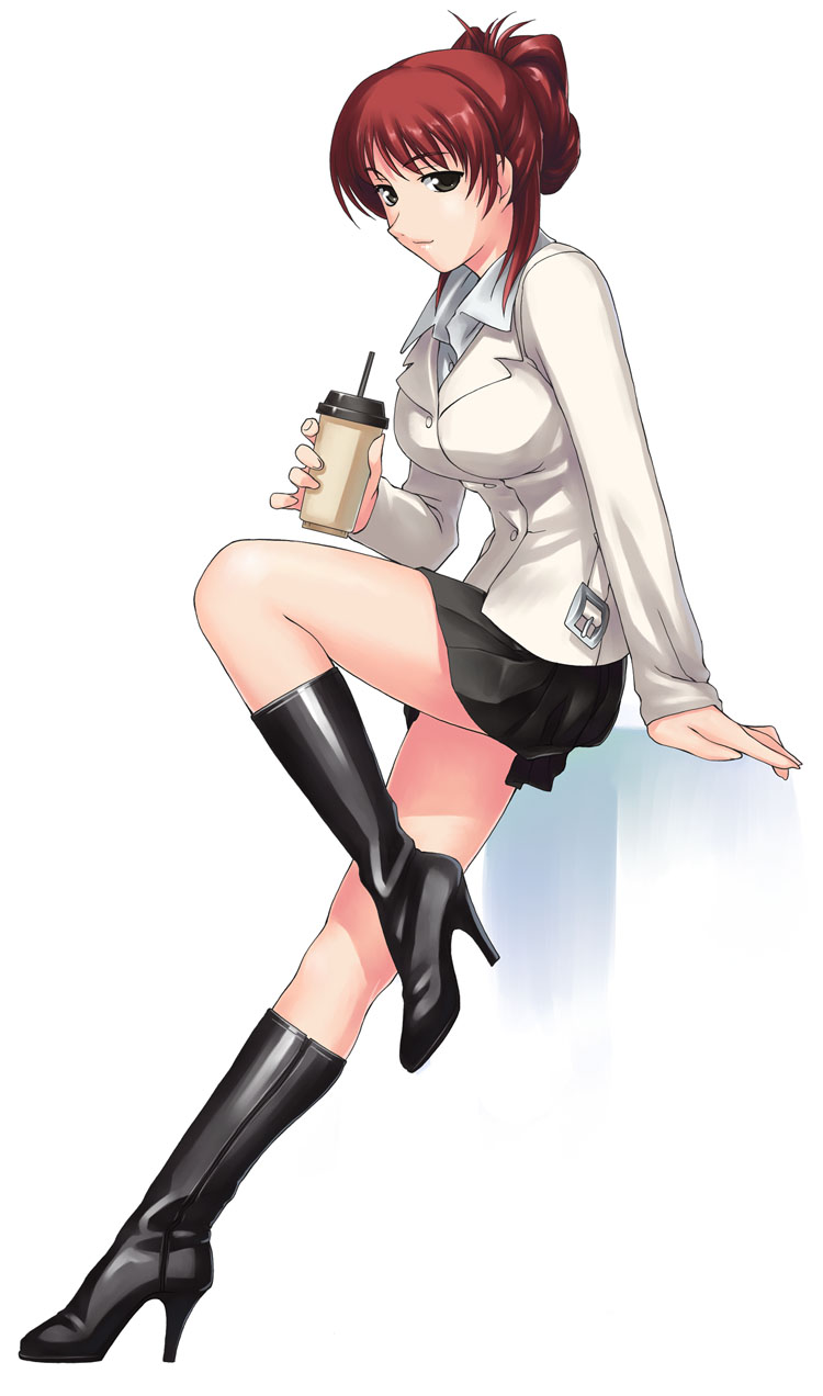 tanaka shoutarou, kousaka tamaki, to heart (series), to heart 2, highres, 00s, 1girl, aged up, boots, brown eyes, business suit, female focus, formal clothes, hair bun, high heel boots, high heels, miniskirt, red hair, shoes, single hair bun, skirt, skirt suit, solo, suit
