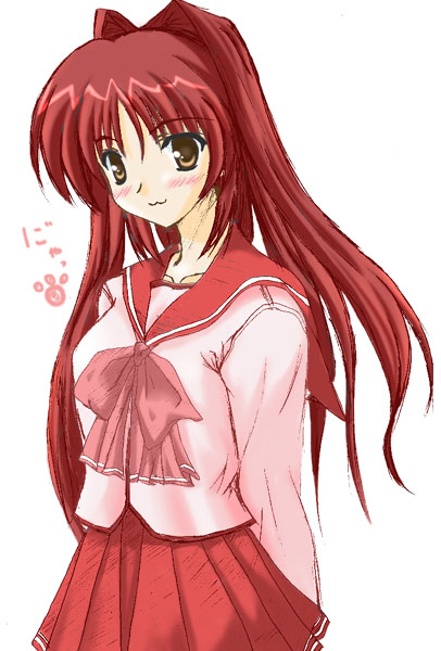kousaka tamaki, to heart (series), to heart 2, 00s, 1girl, :3, blush, brown hair, cowboy shot, female focus, long sleeves, pleated skirt, red hair, sailor collar, school uniform, simple background, skirt, smile, solo, standing, twintails, white background