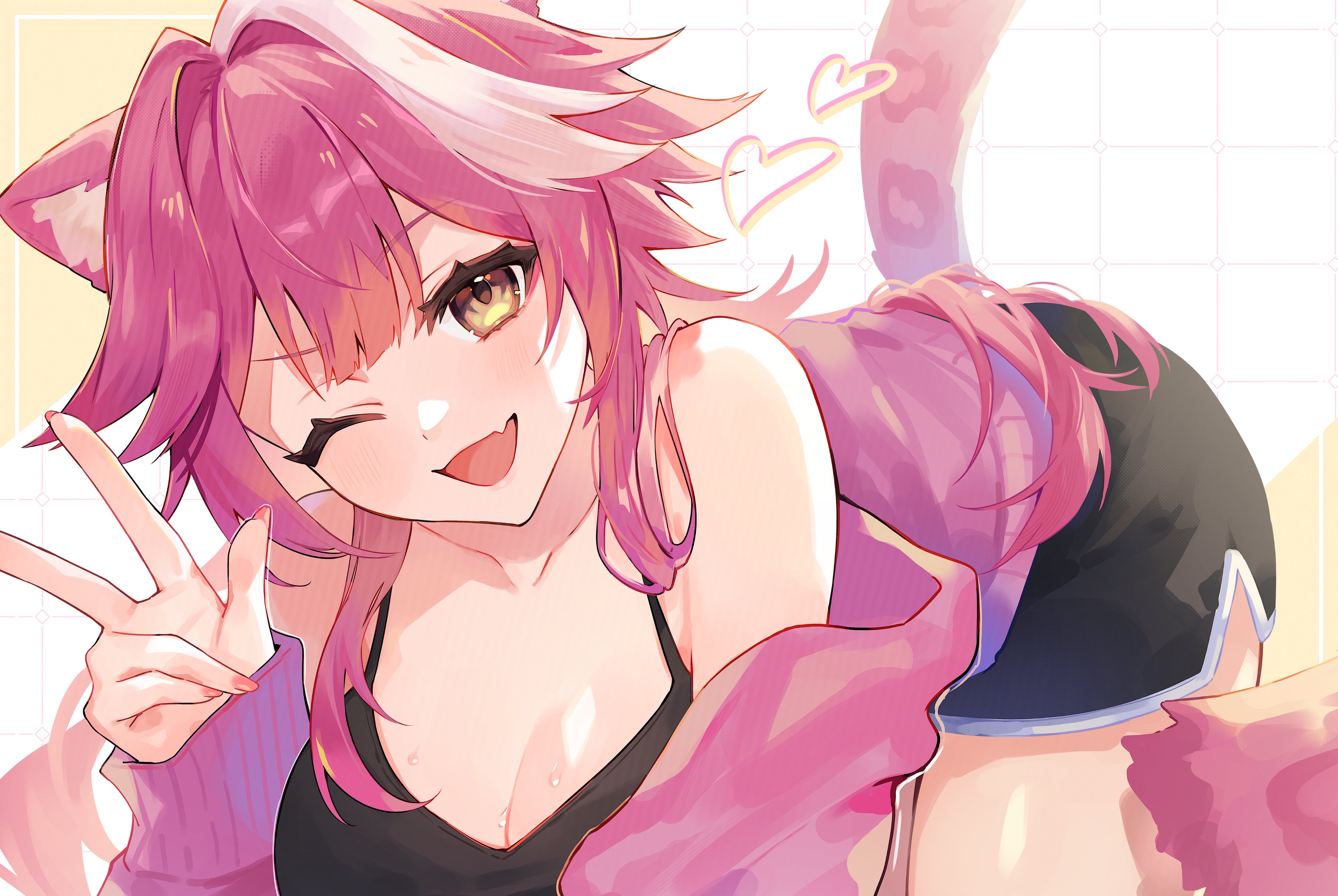 raru pipipi, raora panthera, hololive, hololive english, absurdres, commentary, hashtag-only commentary, highres, 1girl, ;d, all fours, animal ear fluff, animal ears, black camisole, black shorts, breasts, camisole, center-flap bangs, double-parted bangs, fang, large breasts, long hair, looking at viewer, multicolored hair, off shoulder, one eye closed, open mouth, panther ears, panther girl, panther tail, pink hair, short shorts, shorts, sidelocks, skin fang, smile, solo, streaked hair, tail, v, very long hair, virtual youtuber, w, yellow eyes