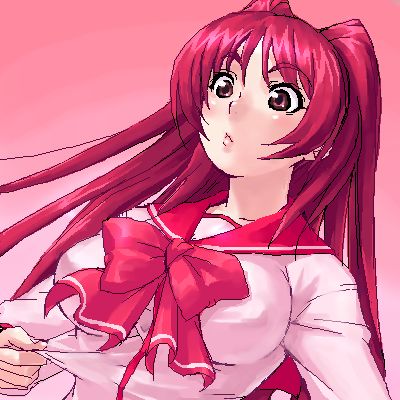 zen, kousaka tamaki, to heart (series), to heart 2, lowres, 00s, 1girl, bow, breasts, female focus, impossible clothes, impossible shirt, large breasts, oekaki, pink bow, red hair, shirt, solo
