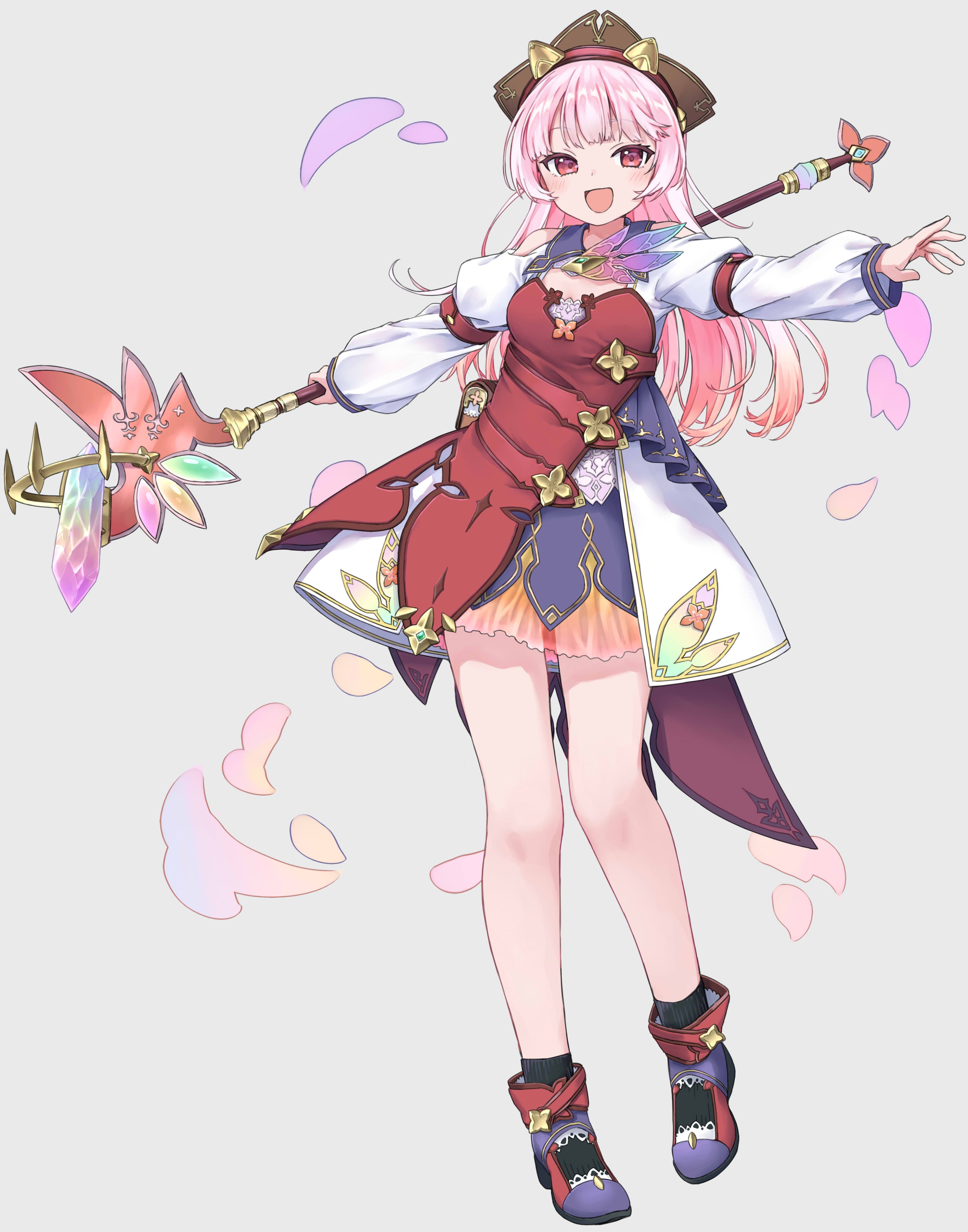 sekira ame, fiora ariete, original, absurdres, commentary request, highres, 1girl, :d, black socks, boots, breasts, dress, full body, grey background, holding, holding staff, long hair, long sleeves, open mouth, pink hair, puffy long sleeves, puffy sleeves, purple boots, red dress, red eyes, simple background, small breasts, smile, socks, solo, staff, standing, very long hair, white dress