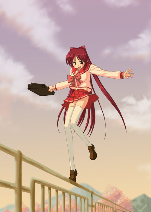kousaka tamaki, to heart (series), to heart 2, 00s, 1girl, balancing, blush, brown eyes, female focus, long hair, midriff, pleated skirt, red hair, school uniform, serafuku, skirt, solo, thighhighs, very long hair, zettai ryouiki