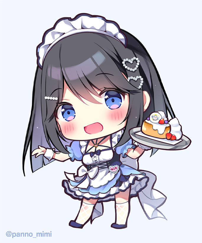 pan (mimi), original, commentary request, 1girl, :d, black hair, blue dress, blue eyes, blue shoes, blush, breasts, chibi, dress, food, full body, grey background, hair ornament, hairclip, heart, heart hair ornament, holding, holding tray, long hair, looking at viewer, maid headdress, open mouth, puffy short sleeves, puffy sleeves, shirayuki yuuri, shoes, short sleeves, simple background, small breasts, smile, solo, standing, thighhighs, tray, twitter username, white thighhighs