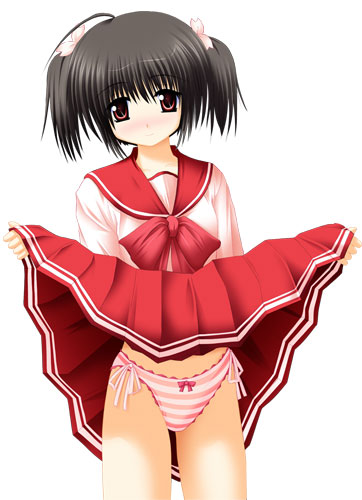 yuzuhara konomi, to heart (series), to heart 2, lowres, 00s, 1girl, blush, bow, bow panties, brown eyes, brown hair, clothes lift, female focus, flower, hair flower, hair ornament, lace, lace-trimmed panties, lace trim, lifting own clothes, panties, pink panties, pleated skirt, school uniform, serafuku, short hair, short twintails, side-tie panties, skirt, skirt lift, solo, standing, striped clothes, striped panties, twintails, underwear