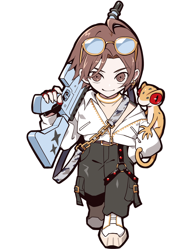 puppeteer7777, yamada ryosuke, crazy raccoon, official art, second-party source, weapon request, ahoge, anime coloring, aqua-tinted eyewear, belt, belt buckle, black eyes, black gloves, black straps, brown belt, brown hair, buckle, camouflage belt, cargo pants, clothes down, colored sclera, crew neck, cropped jacket, ear piercing, earrings, eyewear on head, facing viewer, fingerless gloves, fingernails, full body, gloves, gold buttons, gold earrings, gradient belt, green pants, gun, hair intakes, holding, holding gun, holding weapon, jacket, jewelry, lizard, long sleeves, looking at viewer, magazine (weapon), o-ring strap, open clothes, open jacket, pants, piercing, pocket, puffy long sleeves, puffy sleeves, red sclera, shoes, short hair, shoulder belt, sleeve cuffs, slit pupils, smile, solo, spotted skin, studded strap, sunglasses, sweater, tachi-e, thick lineart, tinted eyewear, transparent background, unzipped, walking towards viewer, weapon, white belt, white jacket, white shoes, white sleeve cuffs, white sleeves, yellow-framed eyewear, yellow sweater, yellow tail, zipper
